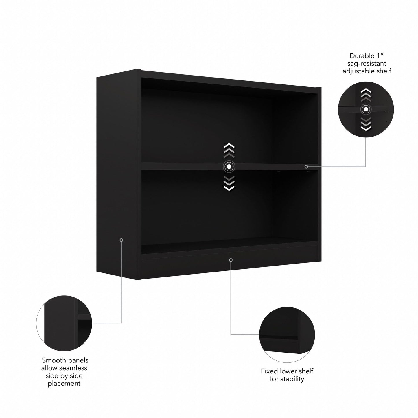 Bush Home Universal Small 2 Shelf Bookcase in Black, Low Storage and Display Bookshelf for Home Office or Living Room Organization