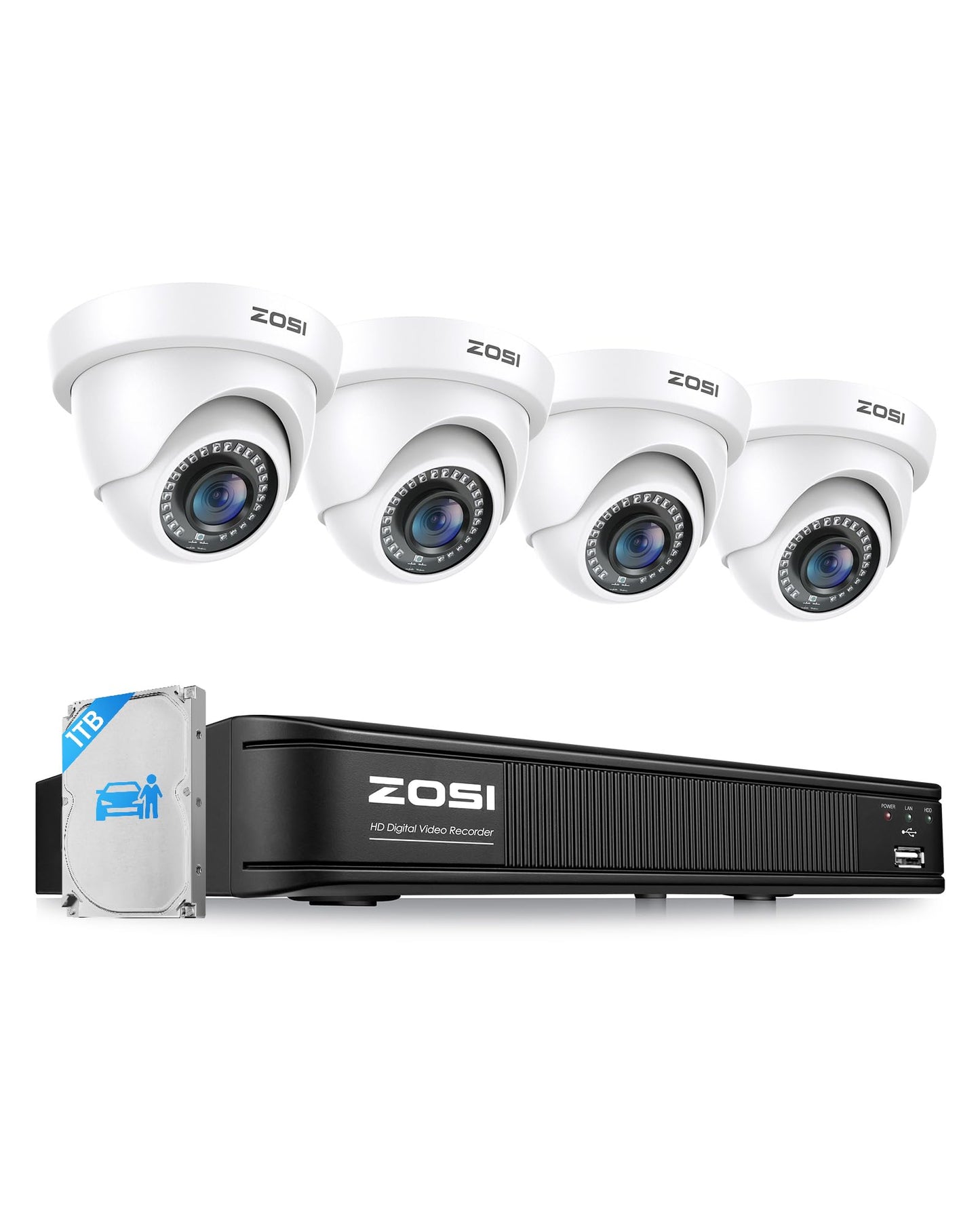 ZOSI 3K 5MP Lite H.265+ Home Security Camera System, 8 Channel Surveillance DVR with AI Human Vehicle Detection and 4 x 1080p Weatherproof CCTV Dome Camera Outdoor Indoor, 80ft Night Vision, 1TB HDD