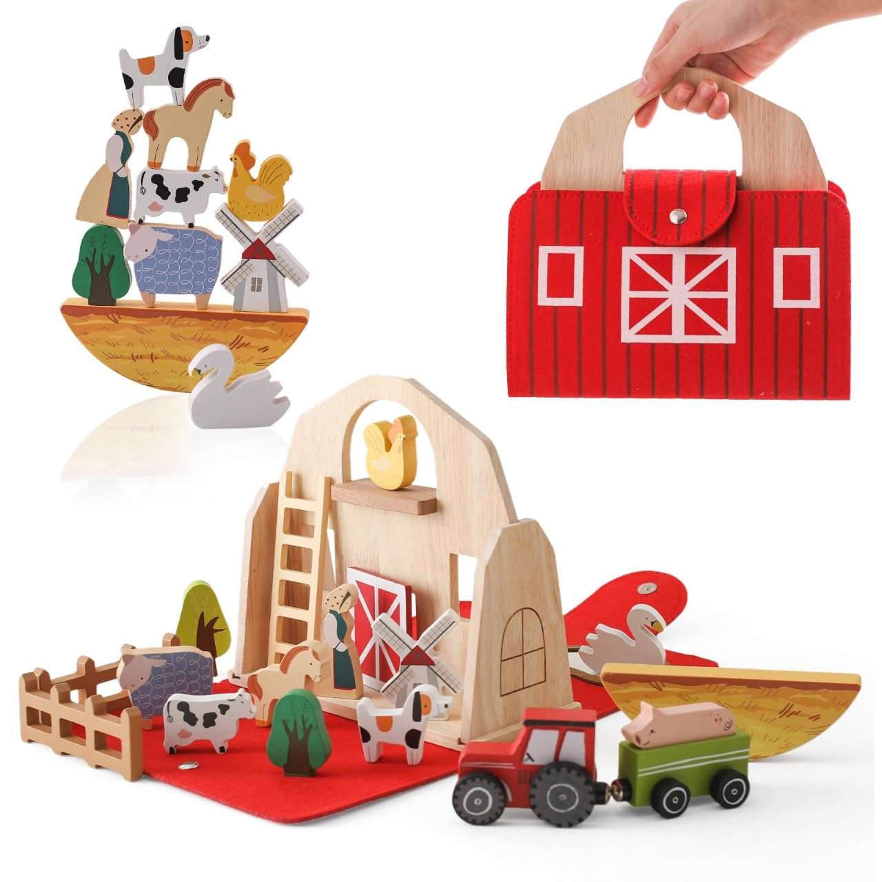 Jieruisha Wooden Barn Toy for Toddlers 1-3, Montessori Traveling Farm with Animal Figures & Car Model, Portable Farm Playset Learning Toy, Christmas Birthday Gift for Baby Boys Girls