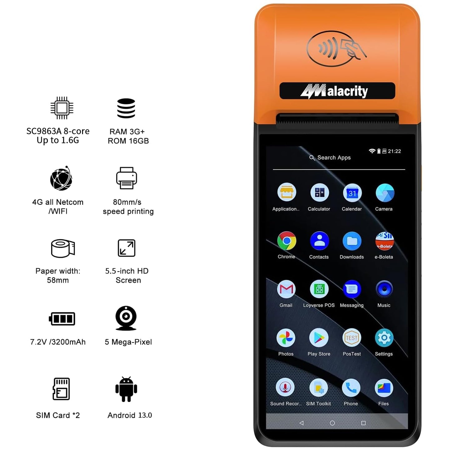Alacrity Mobile POS PDA Terminal, Android 13 SoftPay,1D 2D Scan Module, 58mm Thermal Printer, 5.5" Touch Screen, 4G WiFi Bluetooth, Ideal for Retail, Hospitality, Logistics, Field services, Healthcare