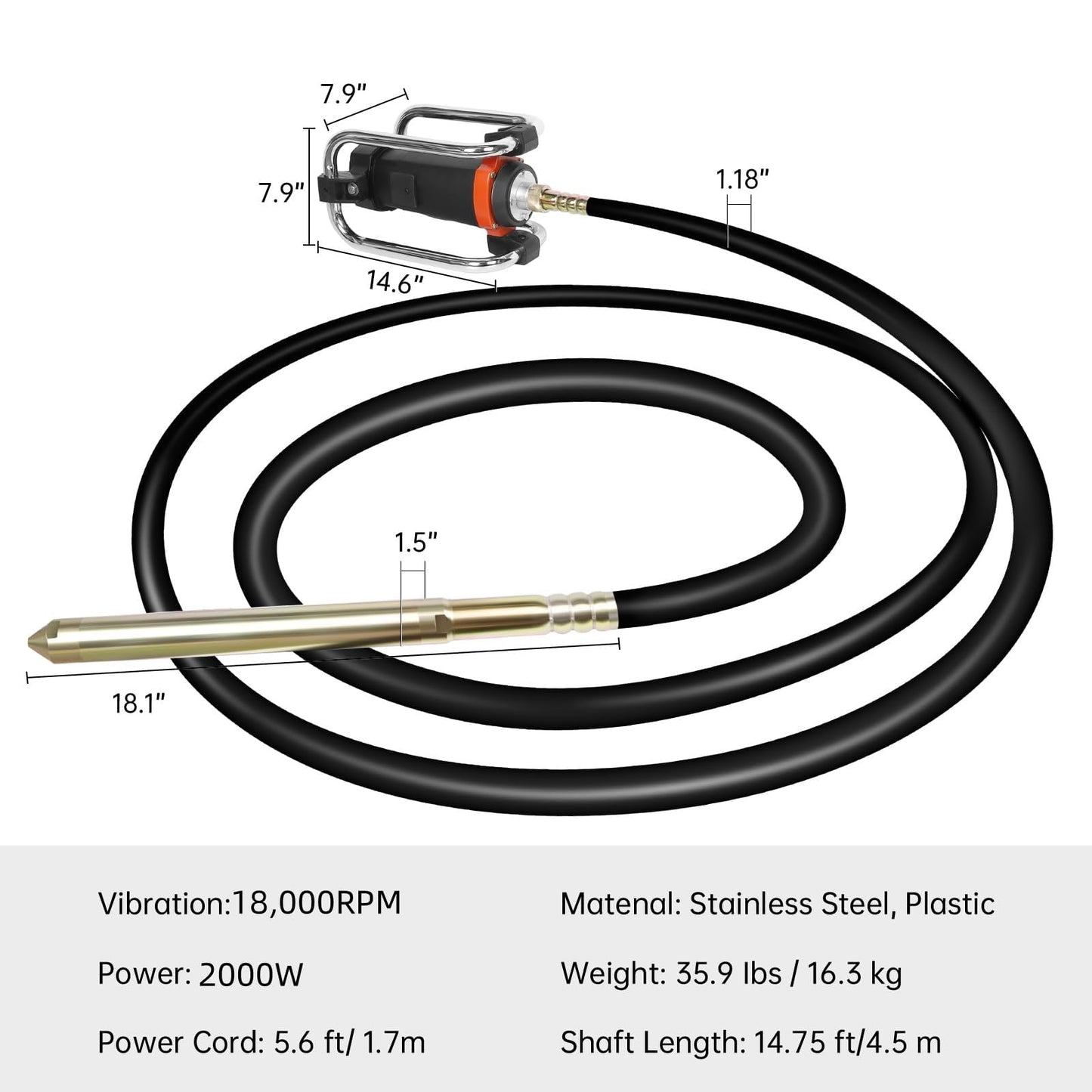 Vohala Concrete Vibrating Tool, 2.6HP 2000W 18,000 RPM Electric Concrete Vibrator Handheld, Portable Construction Insertion Vibrator with 14.75ft Shaft, Ideal for Removing Air Pockets & Smoothing