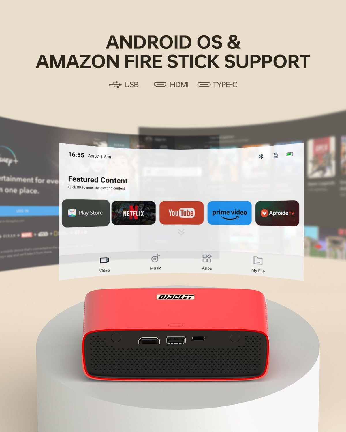 Ultra Mini Pocket Projector - DLP Smart Projector with WiFi and Bluetooth: Built in Battery/Apps/Speaker, 4K/1080p Support, Auto Focus & Keystone Correction for HDMI, USB, TV Stick, iPhone, Android