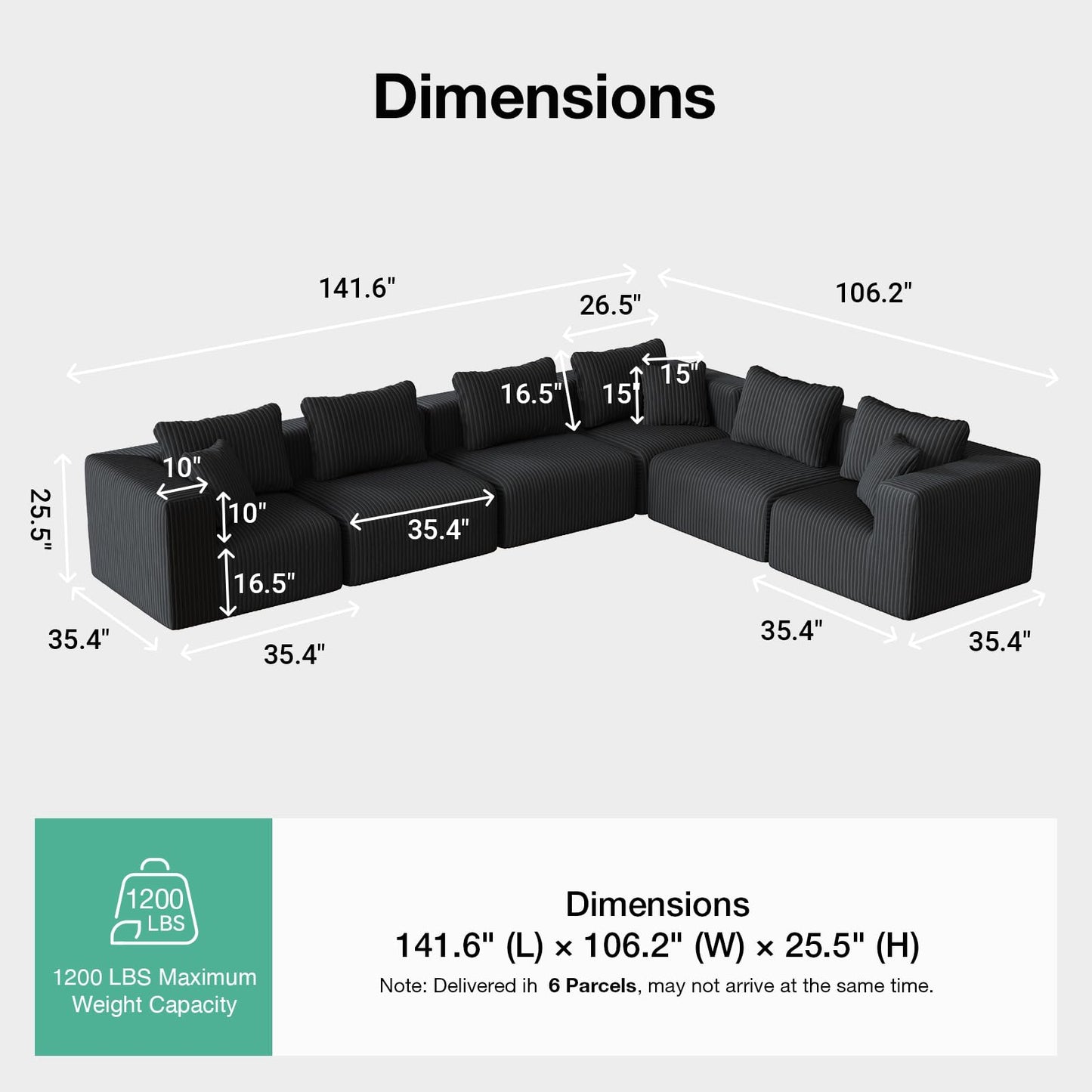 Novilla 141" Modular Sectional Sofa, Modern Cloud Sectional Couch with Smarts Coil® Support, L-Shape Boneless Couch for Living Room Apartments Bedroom, No Assembly Required (6 Seater Standard)