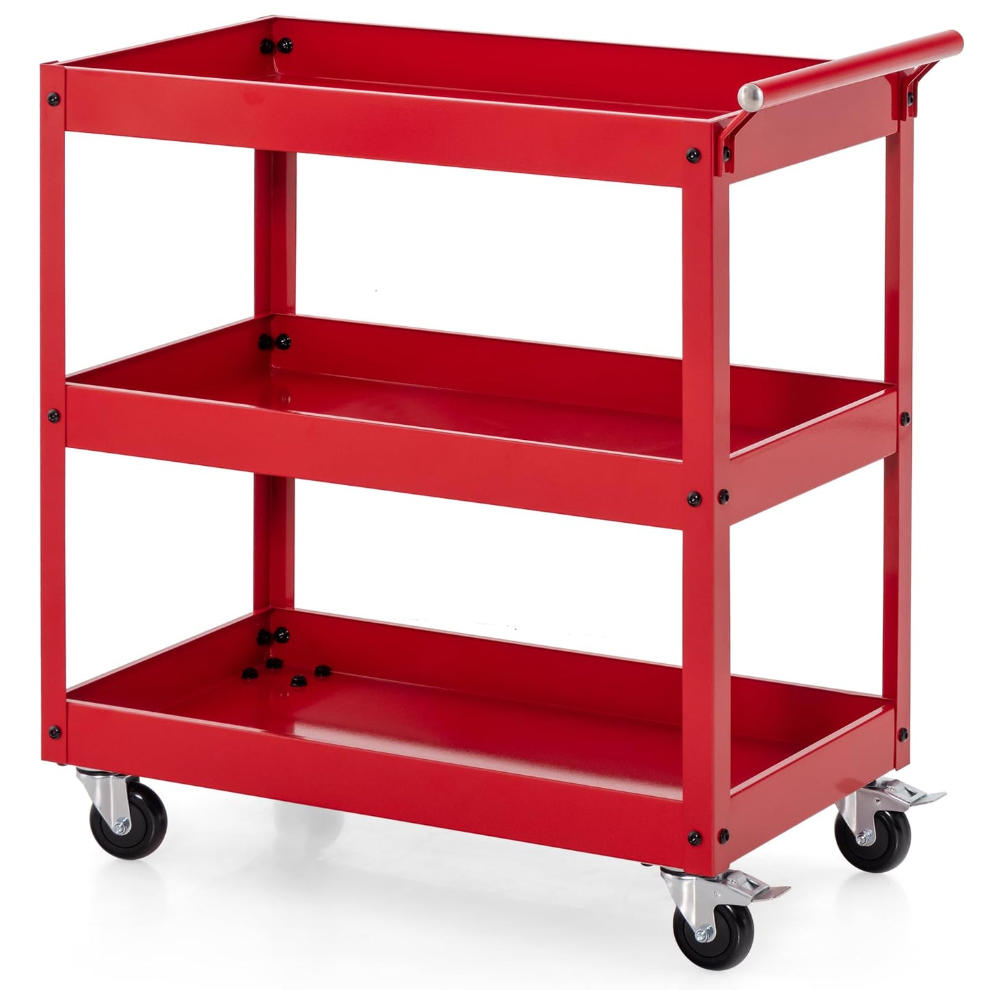 Goplus 3-Tier Utility Cart, Heavy Duty Commercial Service Tool Cart w/Lockable Wheels, 330lbs Load Capacity, Ergonomic Handle, Rolling Mechanic Tool Cart Storage Organizer for Warehouse Garage Red