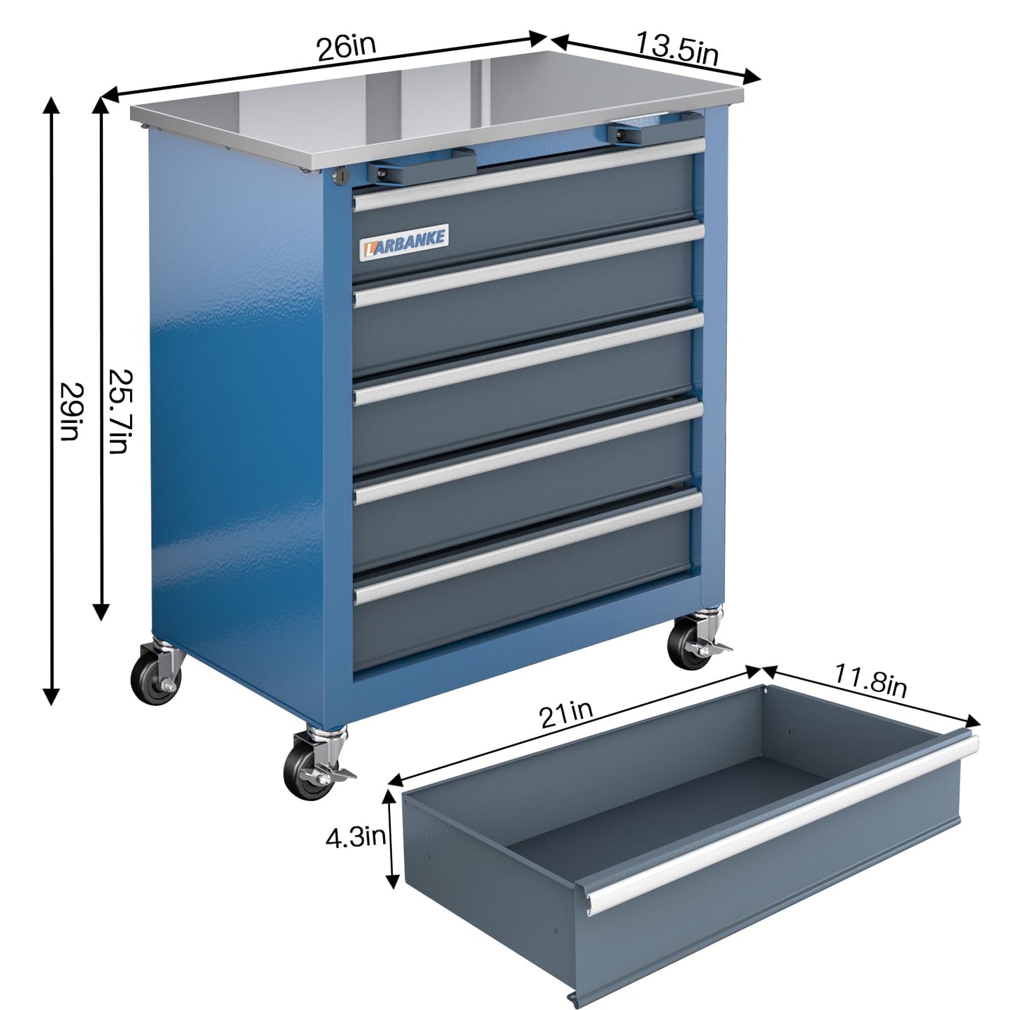 LARBANKE 5-Drawer Rolling Tool Chest,Tool Chest with Keyed Locking System, with Wheels and Foot Pads,Rolling Tool Cabinet with Stainless CounterTop and Drawer Liners,Unique Link Buckle for Connecting