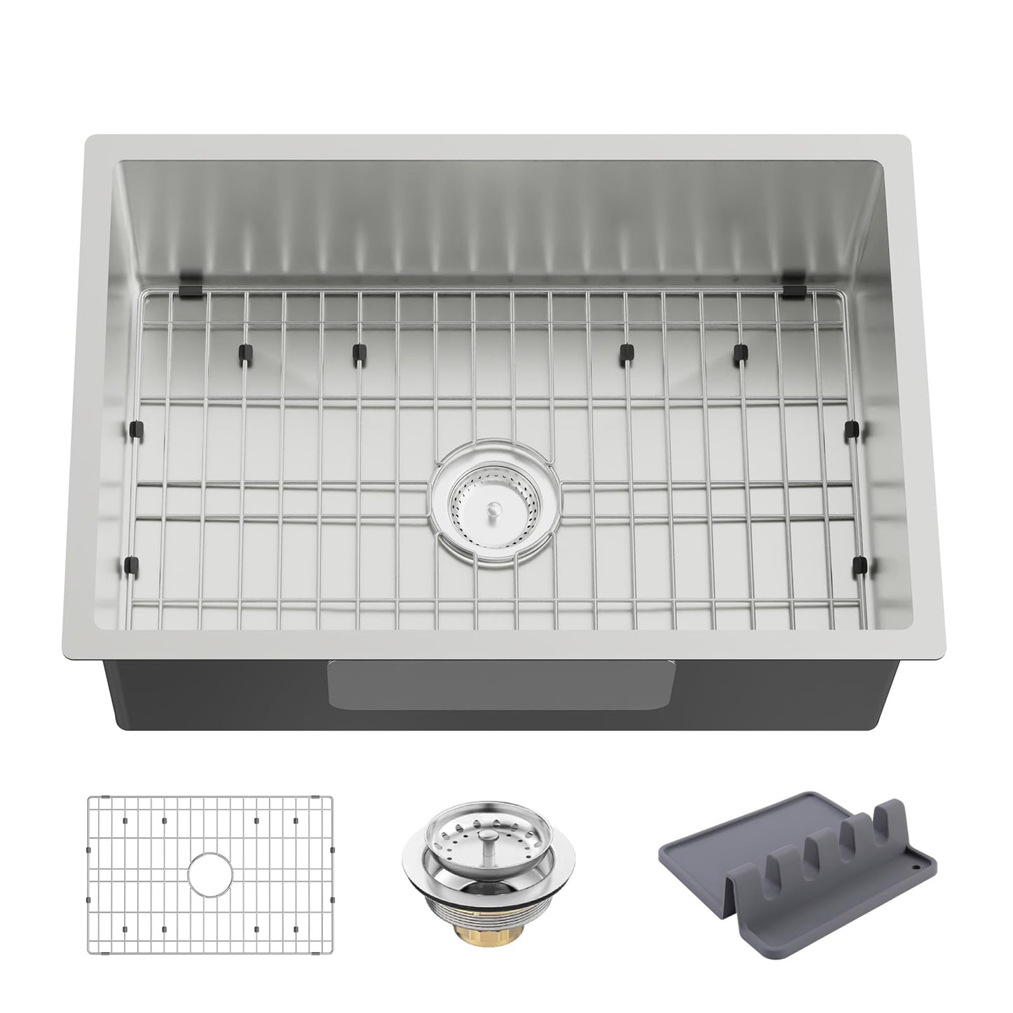 Stainless Steel Drop In Kitchen Sink - 27x18 Inch Modern Undermount Single Bowl - SS Grid, Spoon Rest, Drain Strainer Set