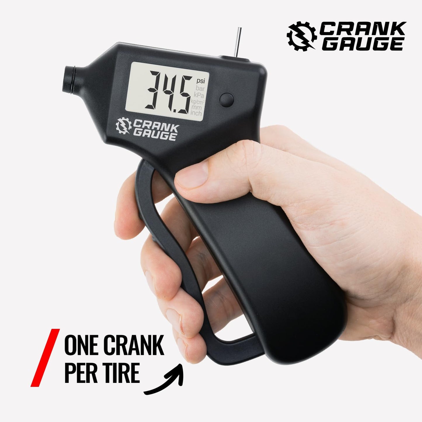 CrankGauge Battery-Free Tire Pressure Gauge (5-99 psi) and Tread Depth Meter (0-15mm) for Car, SUV and Motorcycle – Crank-Powered, Digital Display, Accurate and Eco-Friendly