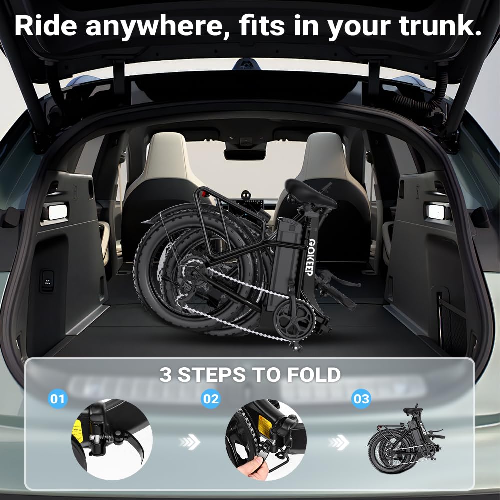 GOKEEP 1300W Folding Electric Bike, 75 Miles PAS Range, 52V 13Ah Removable Battery, 20" Fat Tire & Front Suspension Electric Bicycles, 20MPH 7-Speed Commuter Ebike, Max 330LBS, UL2849 Certified, Black