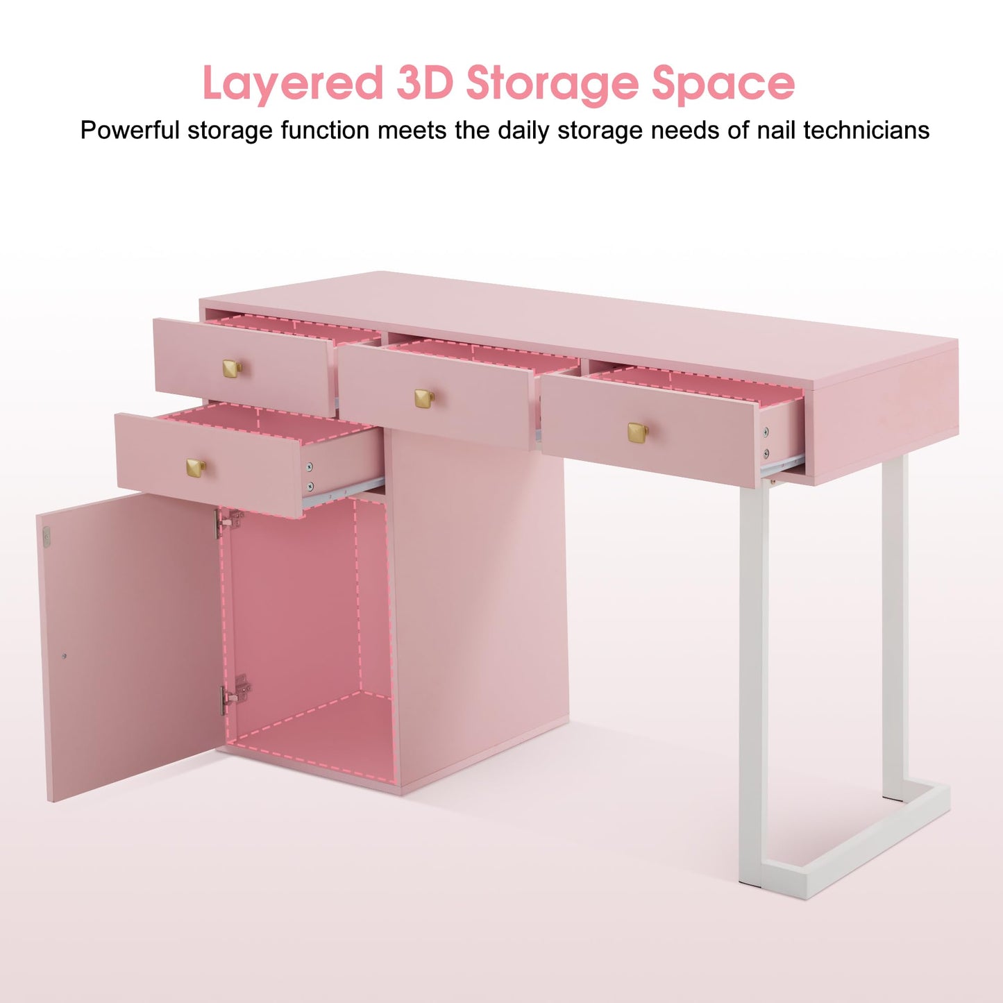 BarberPub Beauty Manicure Table with Storage Drawers, Nail Salon Desk for Nail Tech, Makeup Station with Round Handles, Beauty Equipment with Display Open Space 2990 (White&Pink)