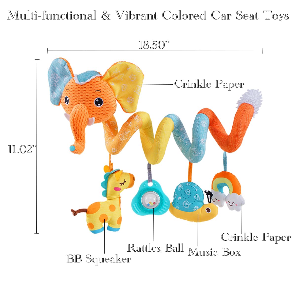 Car Seat Toys for Baby, Spiral Activity Stroller Toy for Infants 0-6 Months, Hanging Baby Toys Crib for Newborn 0 3 6 12 Months Developmental Toy with Music Box Rattle Squeaker- Orange Elephant