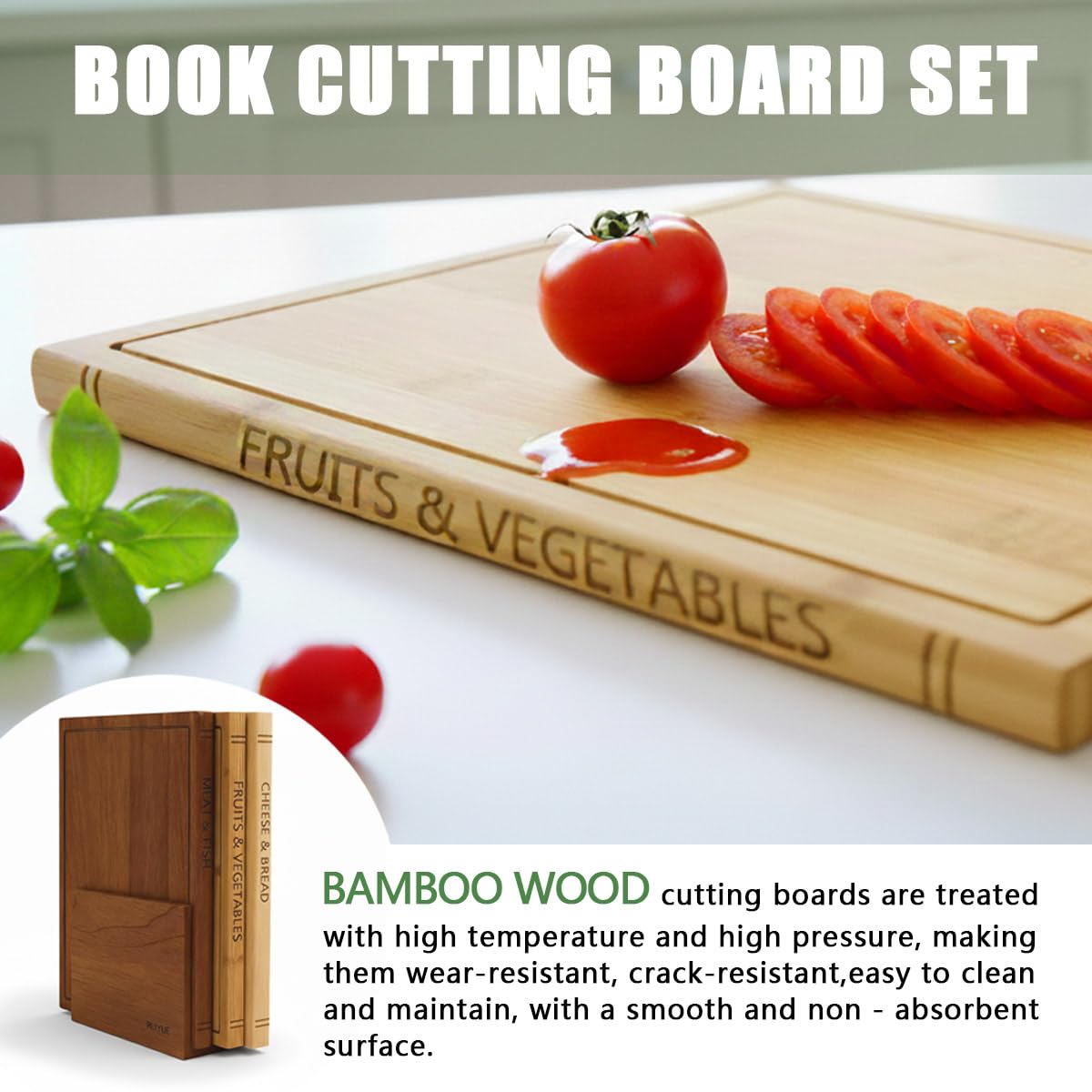 Book Shaped Cutting Board Set with Walnut Stand, 3 PCS Wooden Cutting Boards (13"x10"), Maple Sapele & Bamboo Charcuterie Serving Boards, Decorative Kitchen Decor Gift for Housewarming (1Set)