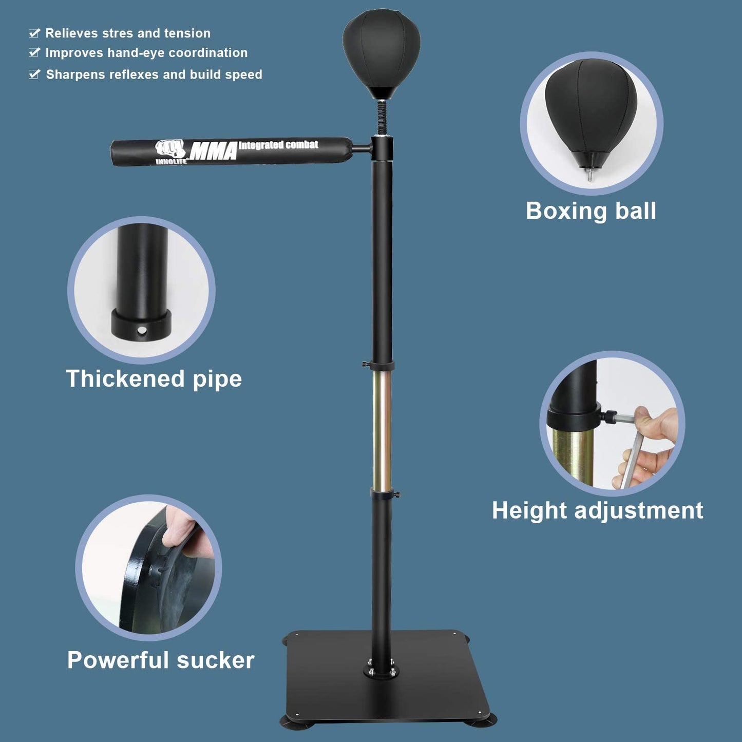 INNOLIFE Boxing Spinning Bar Heavy Duty Punching Speed Reflex Skills Training Free Standing Adjustable Height from 54"-75.5"