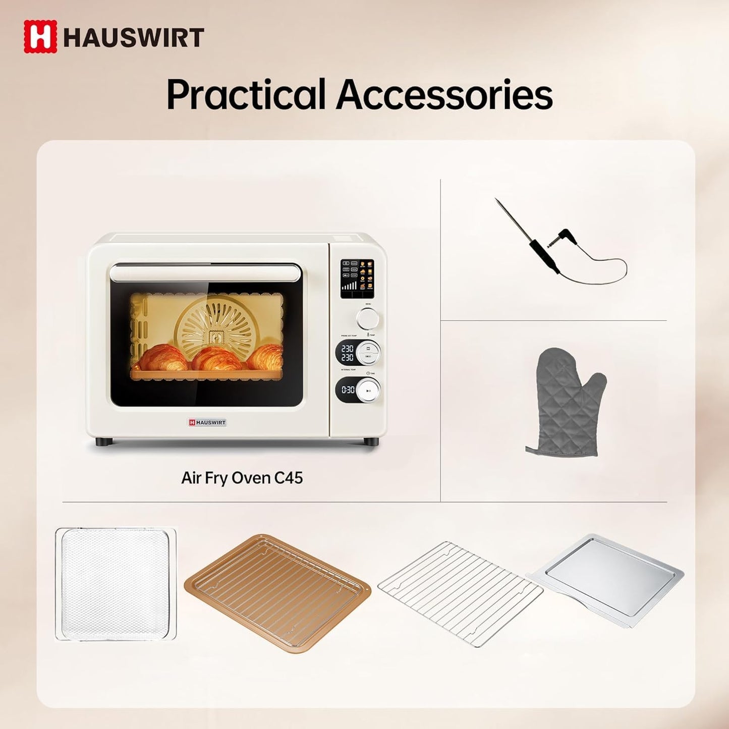 Hauswirt Air Fryer Toaster Oven, 42 Qt Extra Large Countertop Convection Oven, Dual NTC Precise Control for Even Browning, Split Screen Color Display with 8 Presets & Smart Timer