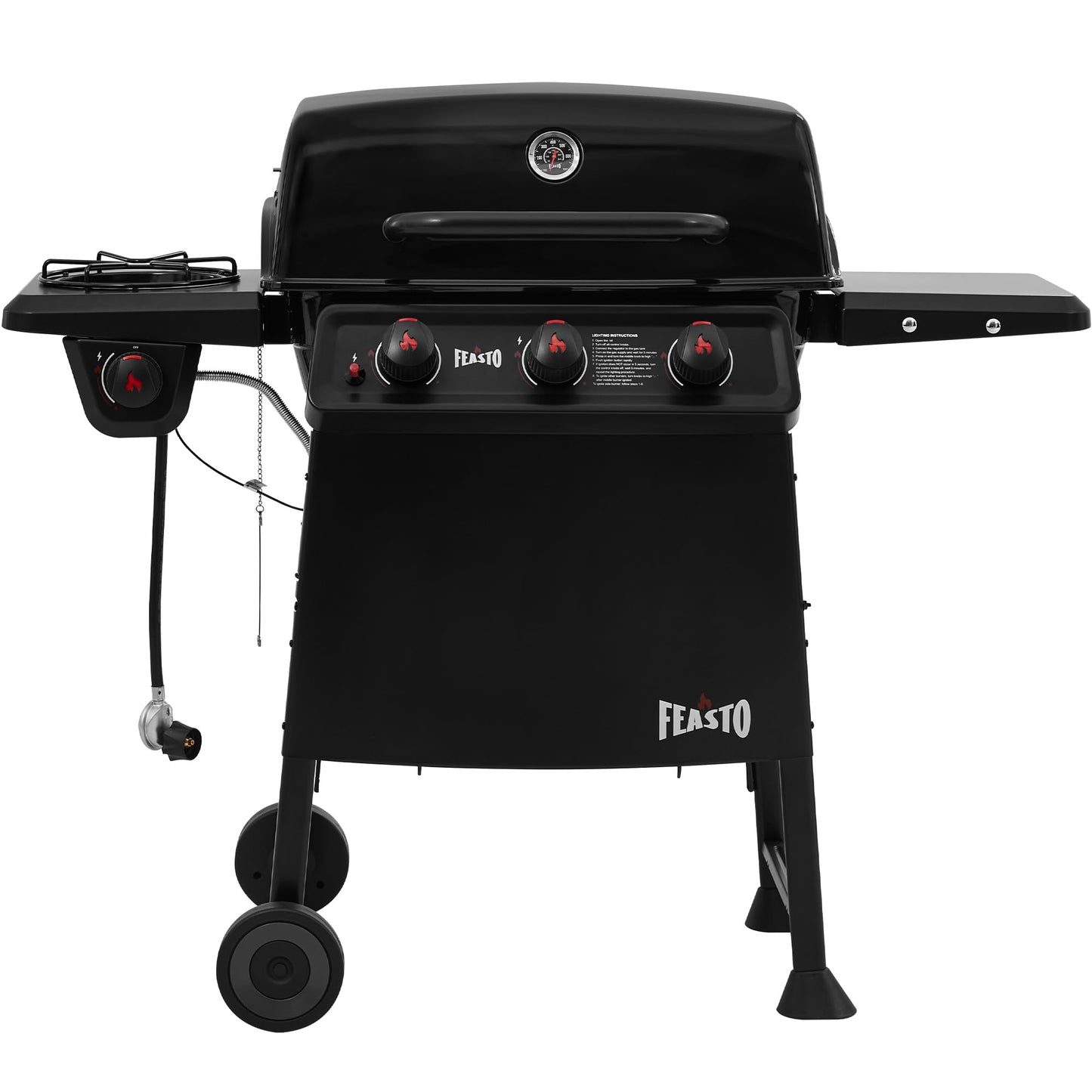 Feasto 3 Burner Propane Gas Grill with Side Burner, Porcelain-Enamel Main Body and Lid, Propane BBQ Grill with 38,000 BTUs Output & Side Table for Patio, Backyard, Poolside Gatherings