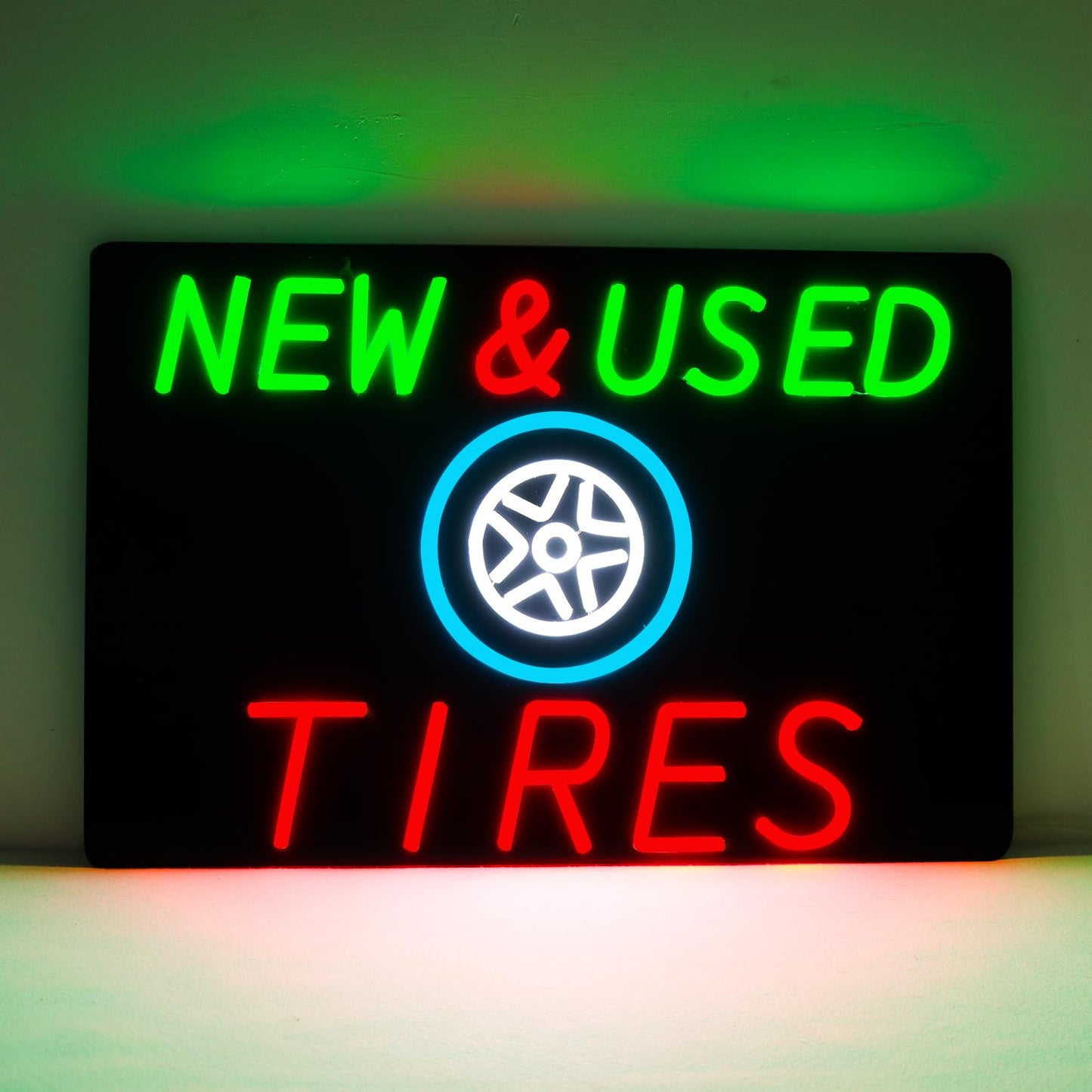 JFLLamp Large NEW&USED TIRES Neon Signs for Wall Decor Business Neon Lights for Bedroom Led Signs Suitable for Office Man Cave Bar Christmas 12V Power Adapter, 23.6*15.7 Inch(Red + Grenn+White +Azure)