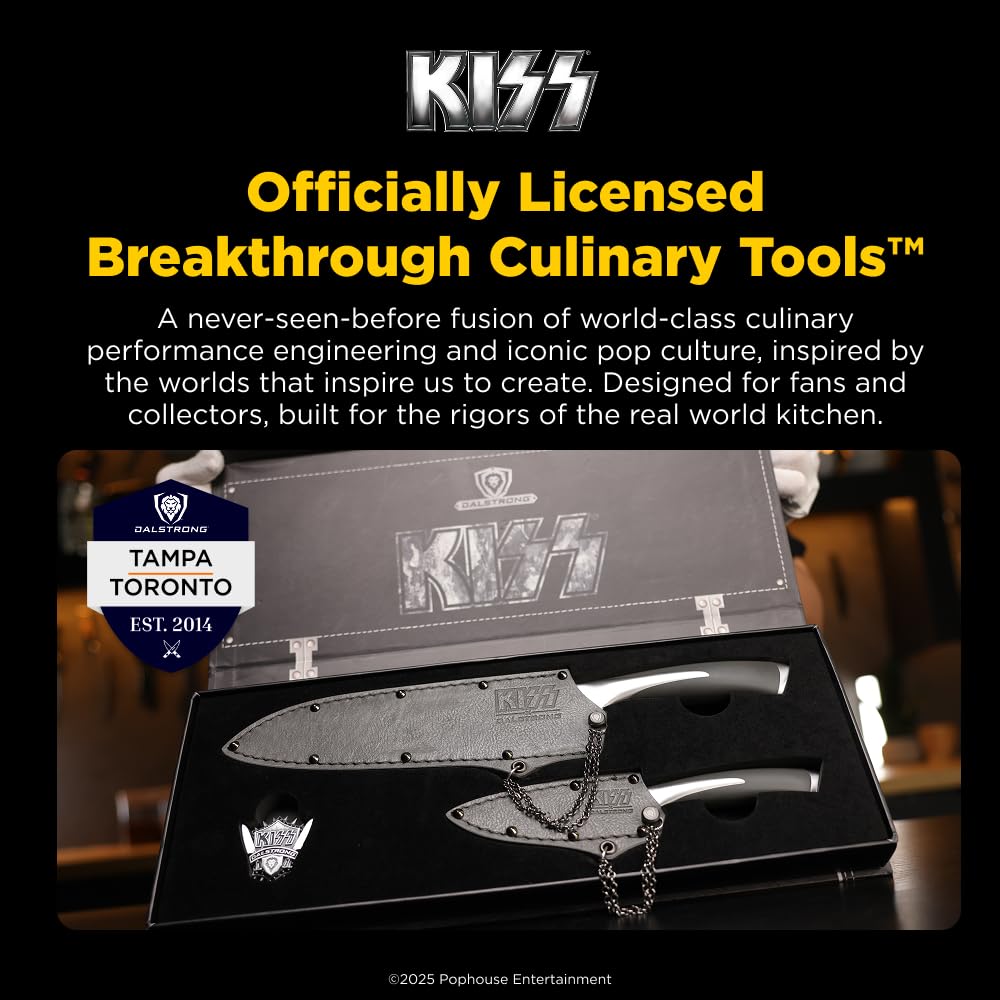 Dalstrong 2 Piece Knife Set - KISS™ Edition Official License - 8 inch Chef Knife + 4 inch Paring Knife - German X50CRMOV15 Stainless Steel - Collector Pin - Premium Leather & Chain Sheaths