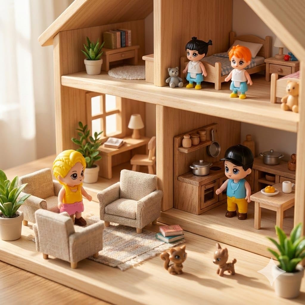FUNERICA Dollhouse Family Figures & Pets – Poseable Family Dolls Set – Miniature Dollhouse People - Compatible Doll House Accessories for 1:12 & 1:24 Wooden & Plastic Dollhouses + Bonus Figures