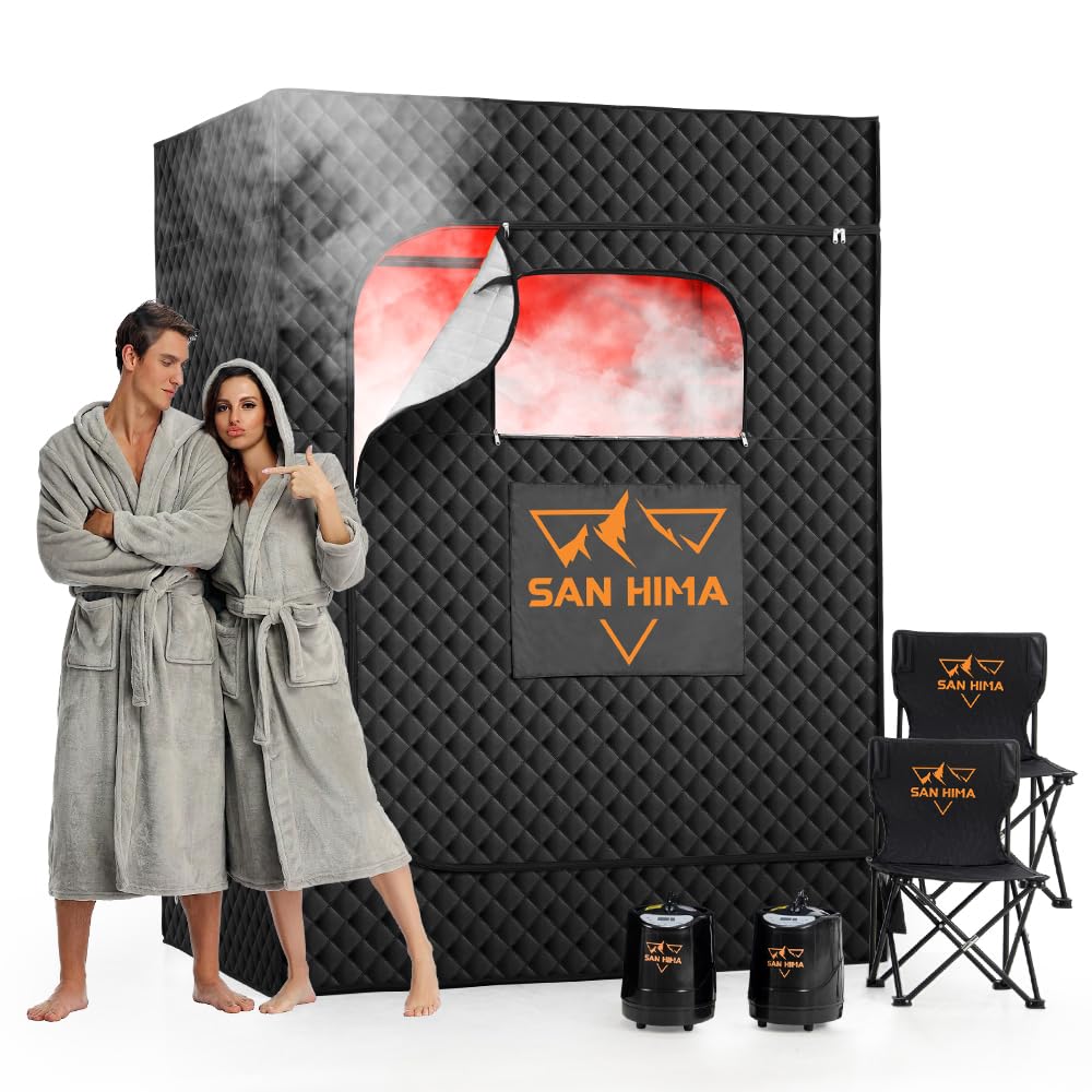 SAN HIMA Portable Sauna for Home - 2 Person Red Light Therapy Steam Sauna Box at Home Spa with 3L 1500W Steamer, 9 Levels Heat, 90 Minute Timer, Foldable Chair, Remote Control for Indoor Outdoor