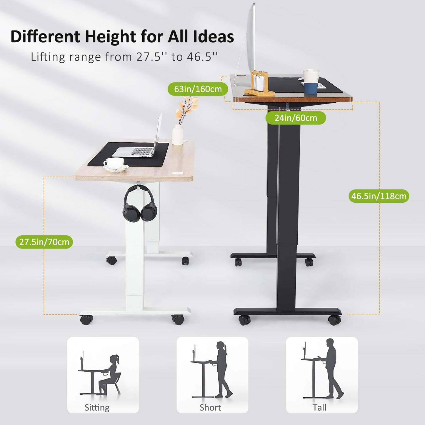 farexon Electric Standing Desk Adjustable Height,63x24 Inches Stand Up Desk with 4 Preset Heights, Lockable Casters,Double Hooks,27.5''-46.5'' Lifting Range Curved Home Office Computer Desk(Oak Grey)