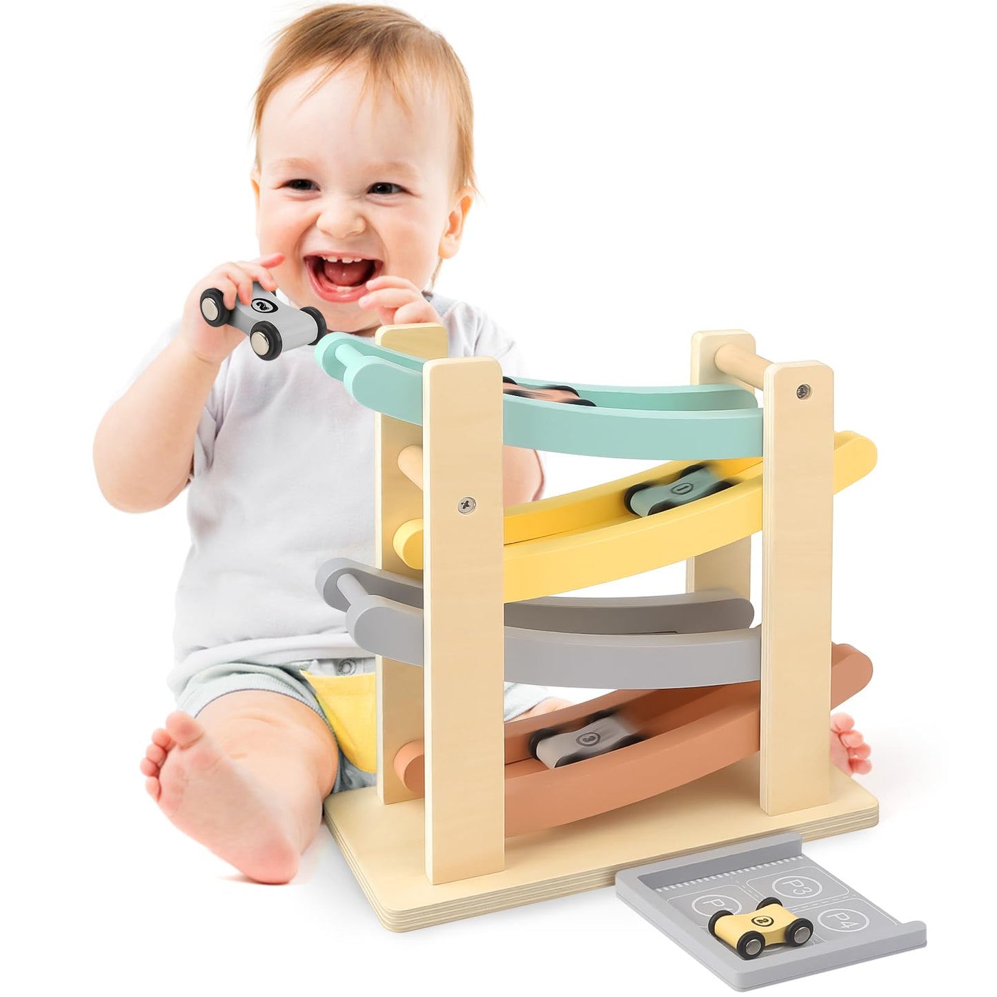 Vanplay Car Ramp Toys for One Year Old Boy Birthday Gifts, Wooden Montessori Toys for 1 2 Year Old, Race Track Truck Toy with 4 Mini Cars, First Christmas Birthday Gifts for Toddlers 1-3-2-4