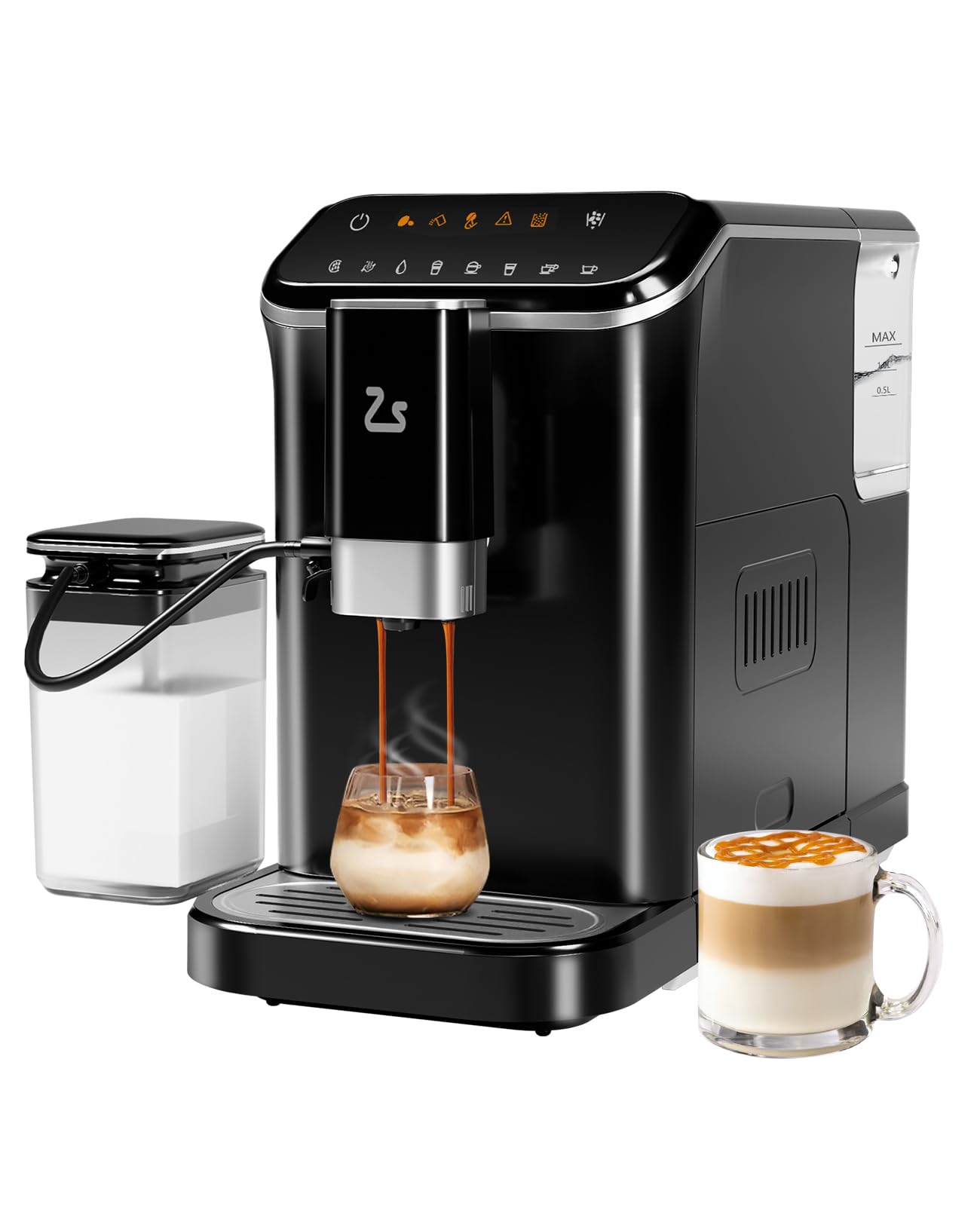 Automatic Espresso Machine with 20 Bar Pressure – One-Touch Coffee Maker, Built-in Grinder & Milk Frother, 6 Custom Recipes, 1.5L Water Tank, Auto Self-Cleaning, 120V for Home & Office (Black&Silver)