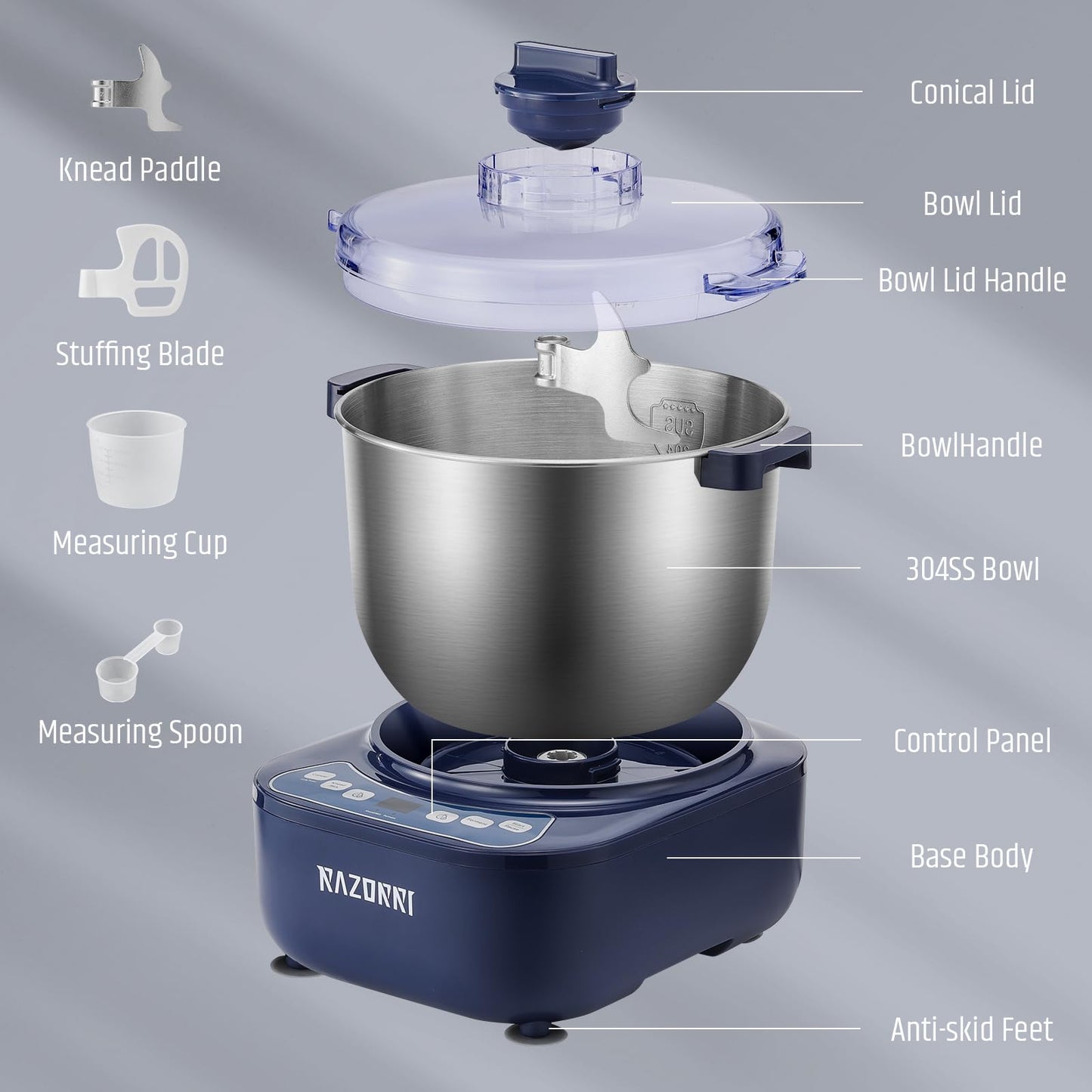 Razorri Electric Dough Maker, 6.5QT Household Dough Mixer with Ferment Function Microcomputer Timing with Stuffing Blade Stainless Steel Bowl for Bread Pizza Noodle