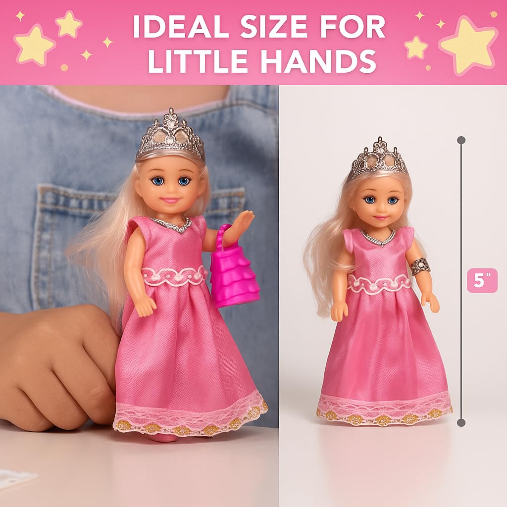 TOMLEON Princess Dolls Playset – 6 Mini Princess Dolls with Colorful Gowns, Crowns & Jewelry – Fantasy Role Play Set for Kids with Elegant Dresses, Accessories & Royal-Themed Box – Gift for Ages 3+