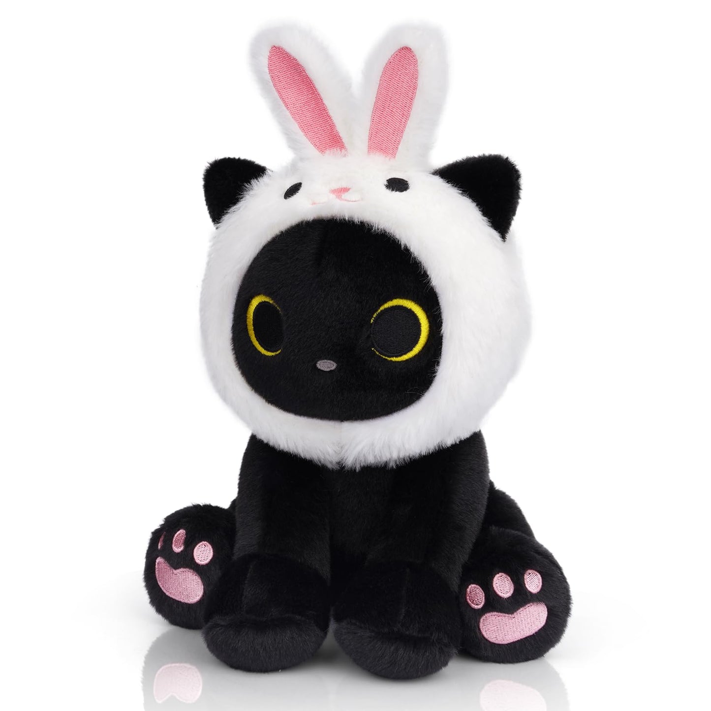 Hagusahuo Black Cat Plush with Removable Bunny Hood, Cute Stuffed Animal Kawaii Soft Toy for Kids Toddlers, Birthday Gift for Boys Girls, Party Favors