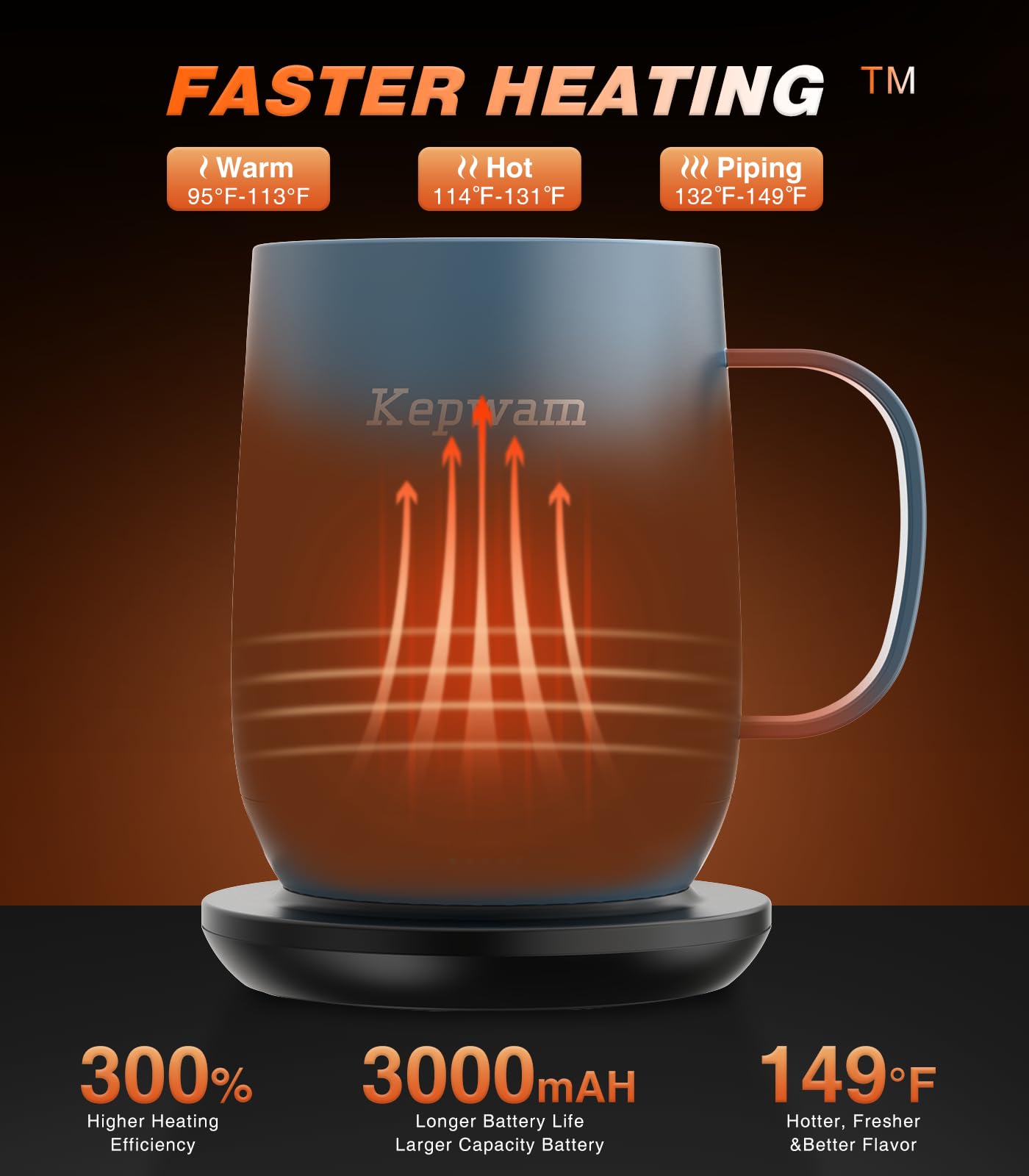 Kepwam Self Heating Coffee Mug T2, 16oz Smart Heated Coffee Mug, 150 Min Battery Life - Hot up to 149℉ Temperature Control Coffee Mug Warmer, Gifts for Dad Mom (No APP)