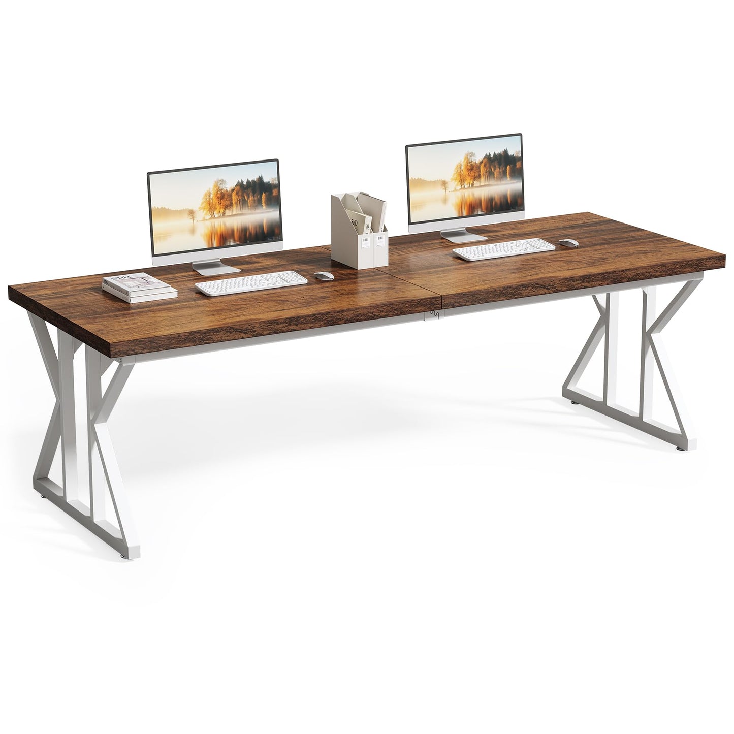 LITTLE TREE 78.7 Inch Large Executive Desk, Modern Computer Office Desk, Wooden Writing Desk Study Table for Home Office, Rustic Brown-White