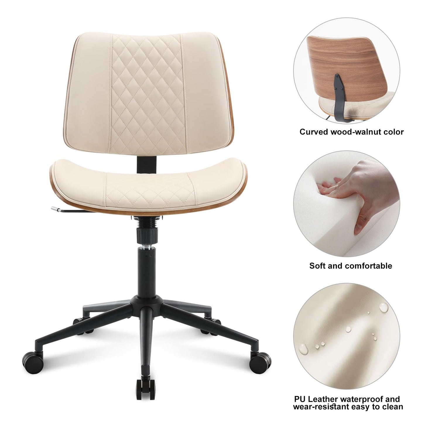 BV Home Office Chair No Arms with Wheels, Armless Small Desk Chair,Task Computer Office Desk Chair for Casual Office Small Space,Study Room,Reading Room(Beige)