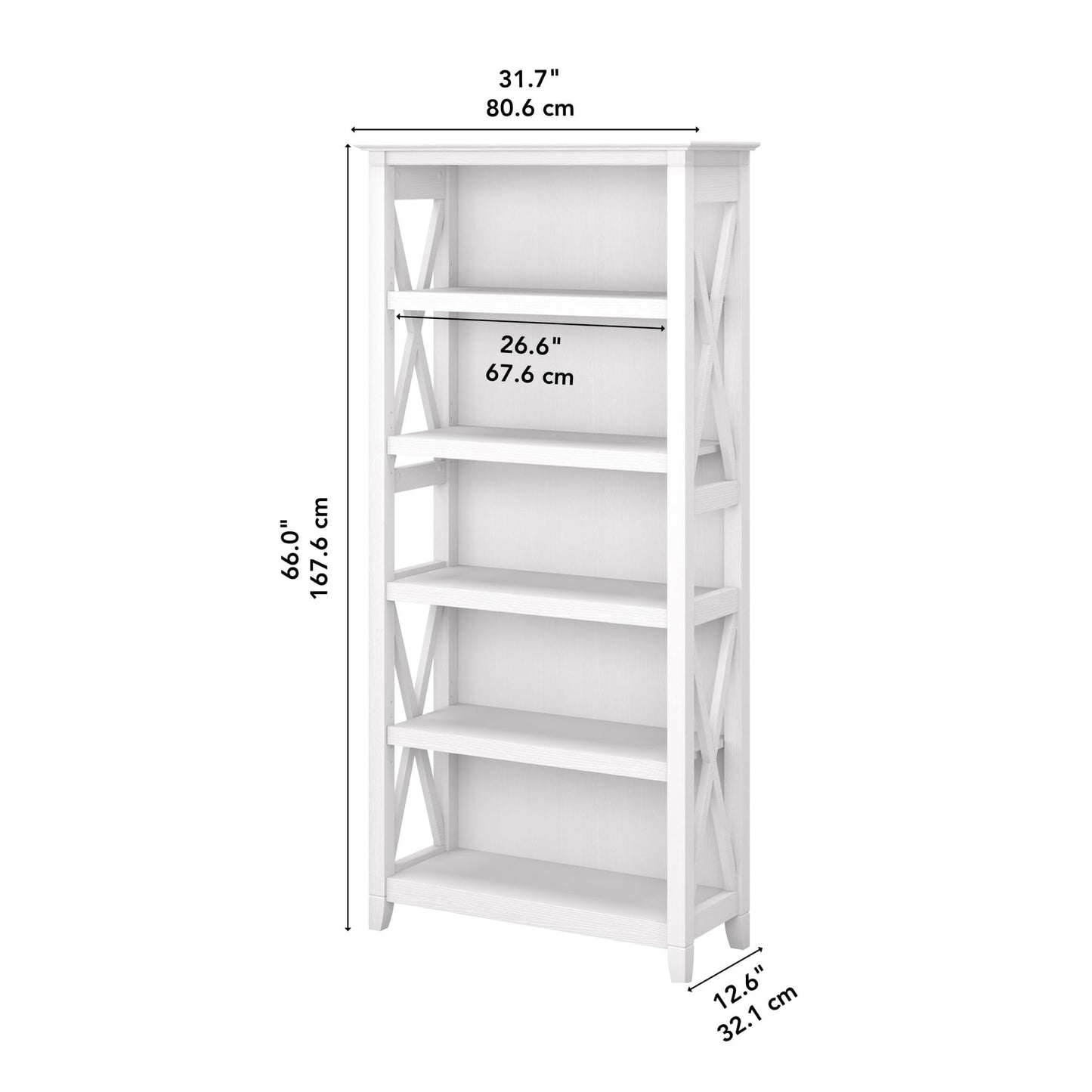 Bush Home Tall 5 Shelf Bookcase for Living Room or Home Office, Large Bookshelf, Modern Farmhouse Style, Key West Collection, Pure White Oak
