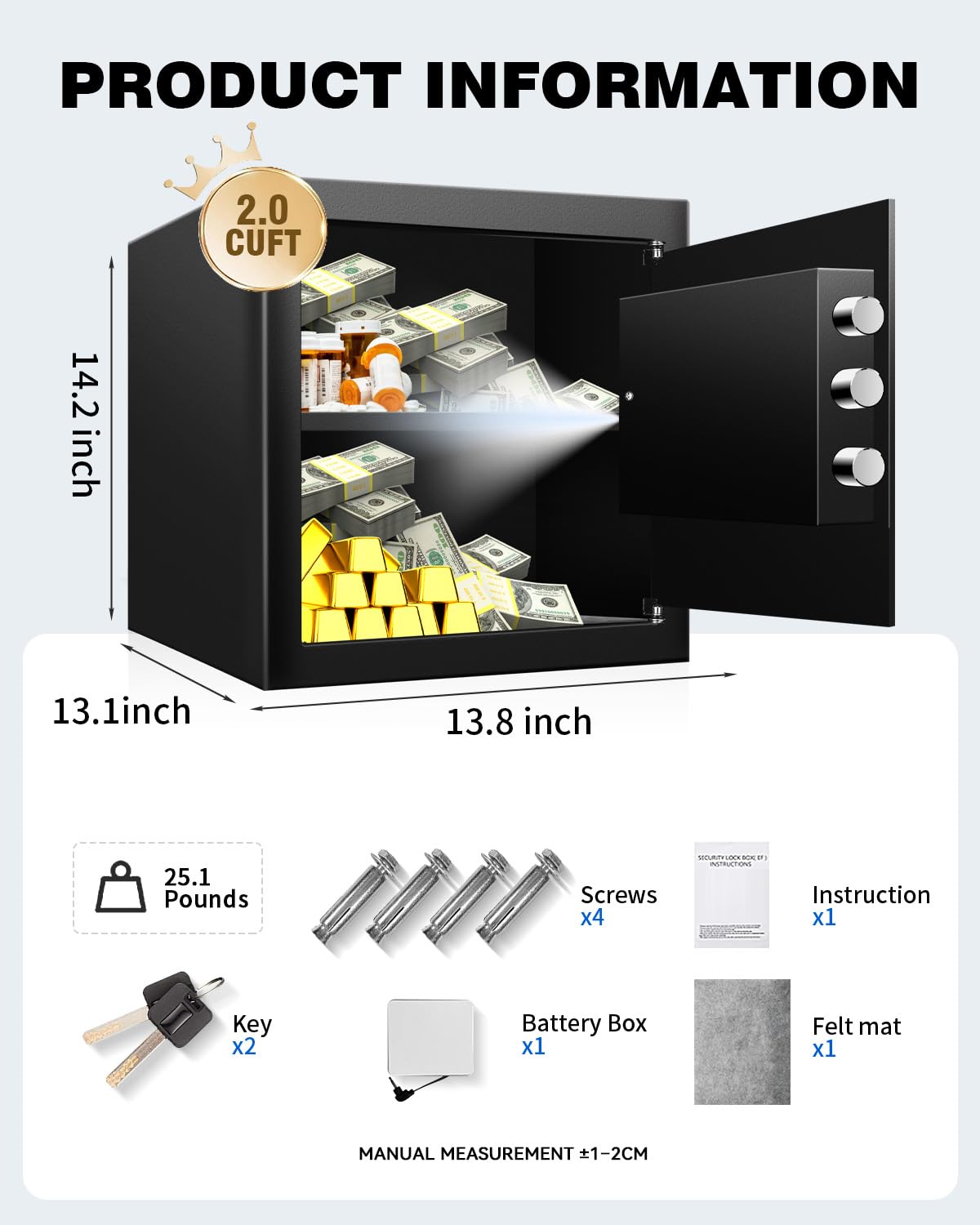 VaultHex Medium Safe Box for Home - 2.0 CuFt Mountable Cabinet with Motion Light & Dual Alarm, Digital Keypad & Override Key, Removable Shelf - Secure Black Storage for Money, Files, and Valuables