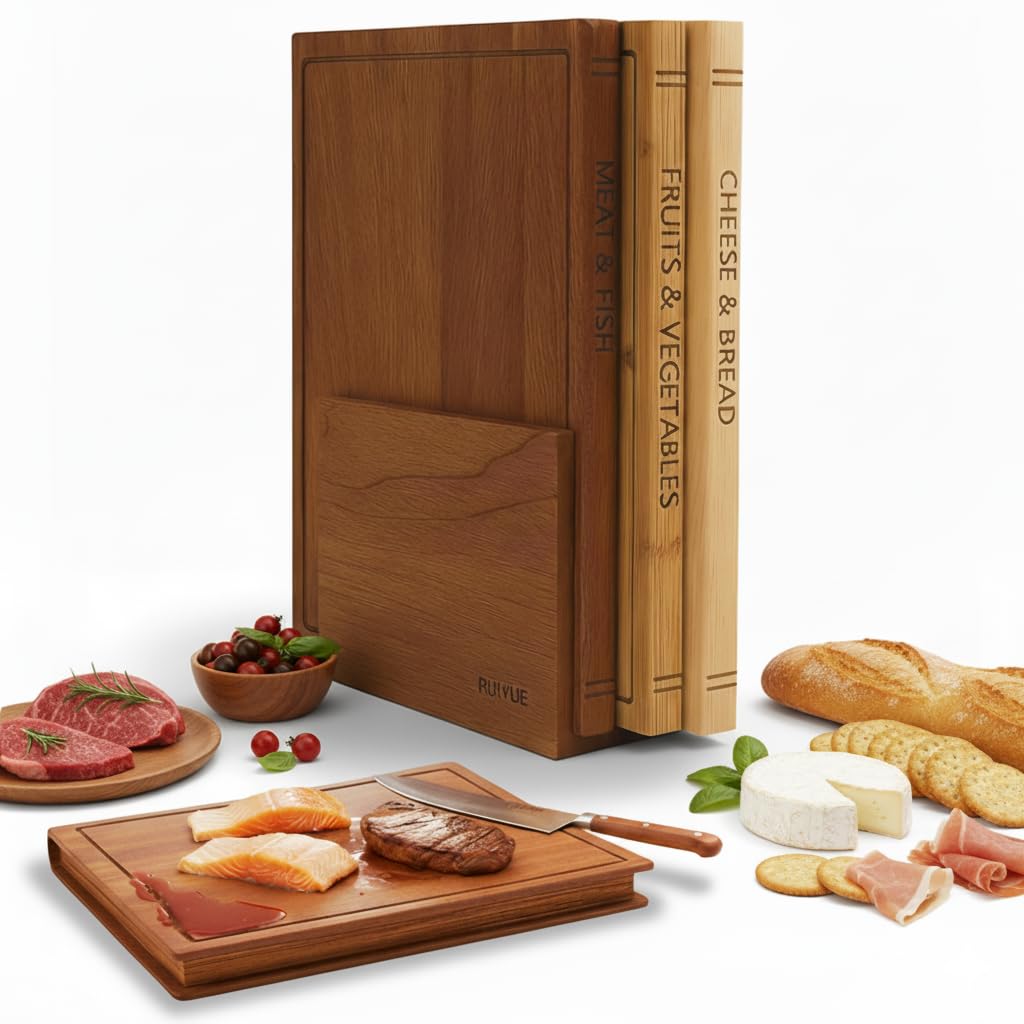 Book Shaped Cutting Board Set with Walnut Stand, 3 PCS Wooden Cutting Boards (13"x10"), Maple Sapele & Bamboo Charcuterie Serving Boards, Decorative Kitchen Decor Gift for Housewarming (1Set)