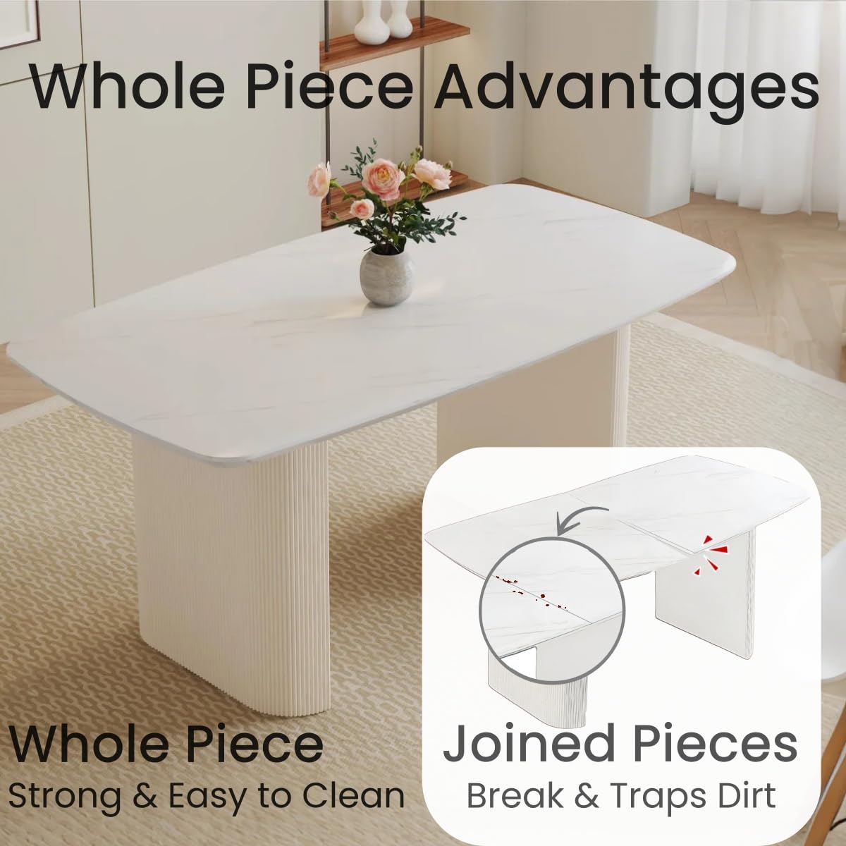 Ebullient 67'' White Dining Table Set for 6, Kitchen Table Chairs Set with Sleek Ripple Pedestal Base, Modern Dining Table Set with 6 Metal Leg Chairs, Ideal for Dining Room, Living Room, Saving Space