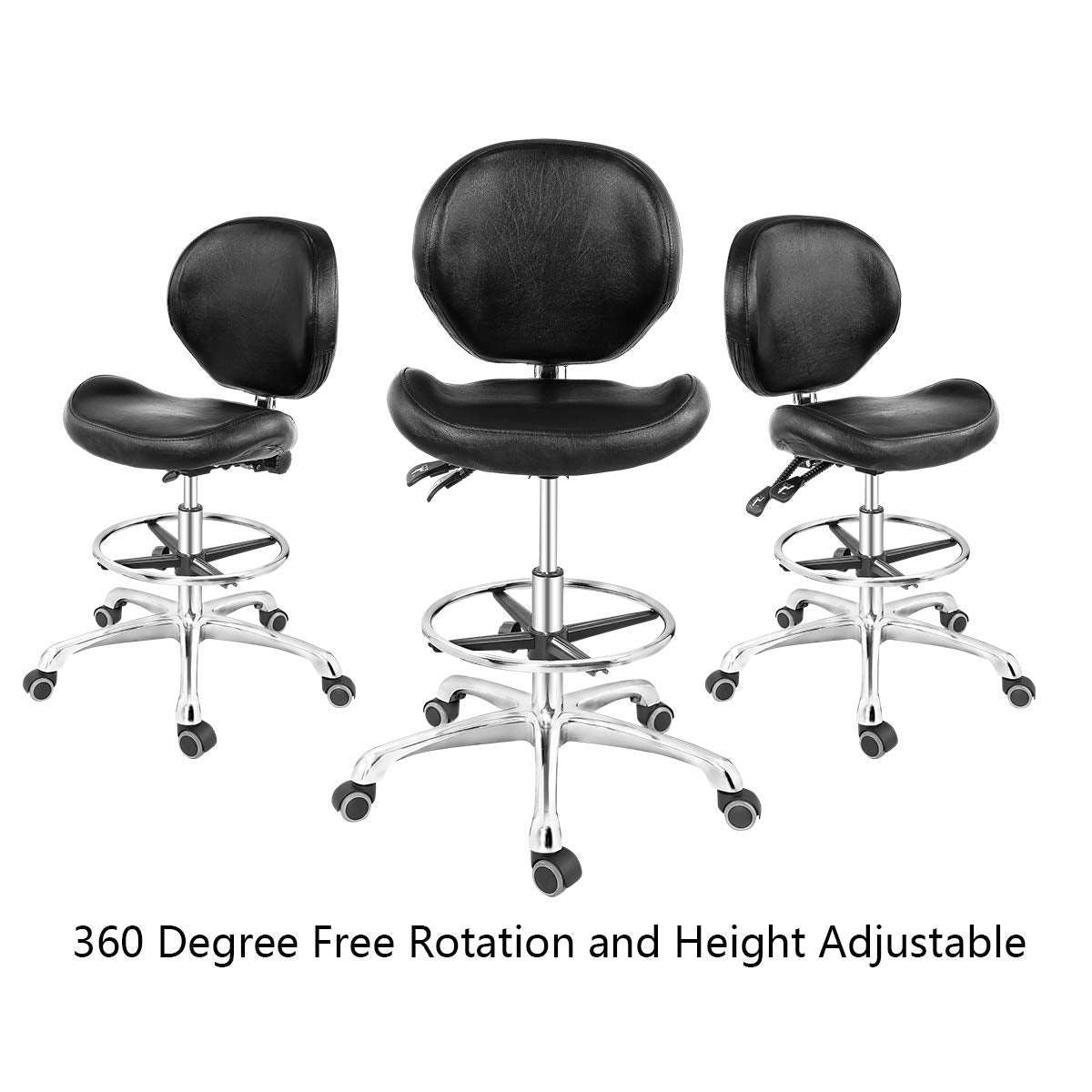 Grace&Grace Drafting Chair Adjustable Tall Shop Stool, Rolling Chair with Backrest and Footrest for Computer, Studio, Workshop, Classroom, Lab, Counter, Home Office (Black)