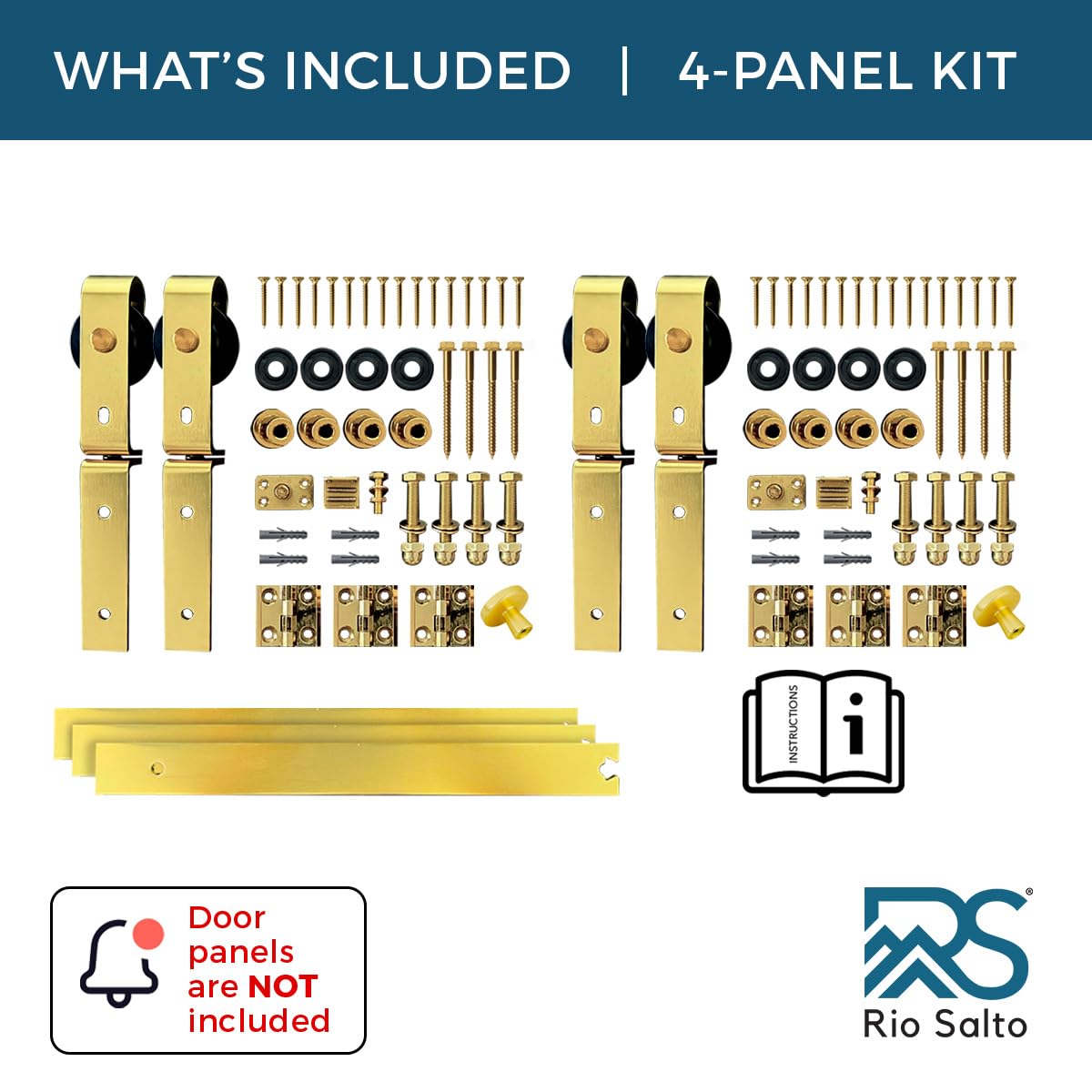 Rio Salto Gold Bifold Sliding Barn Door Hardware Kit Heavy Duty Metal Track System with Matching Knobs Gold Bi-Fold Barn Door Bifold Closet Doors, Bi-Folding 64" Track for 4 Doors, 4 Rollers No Door