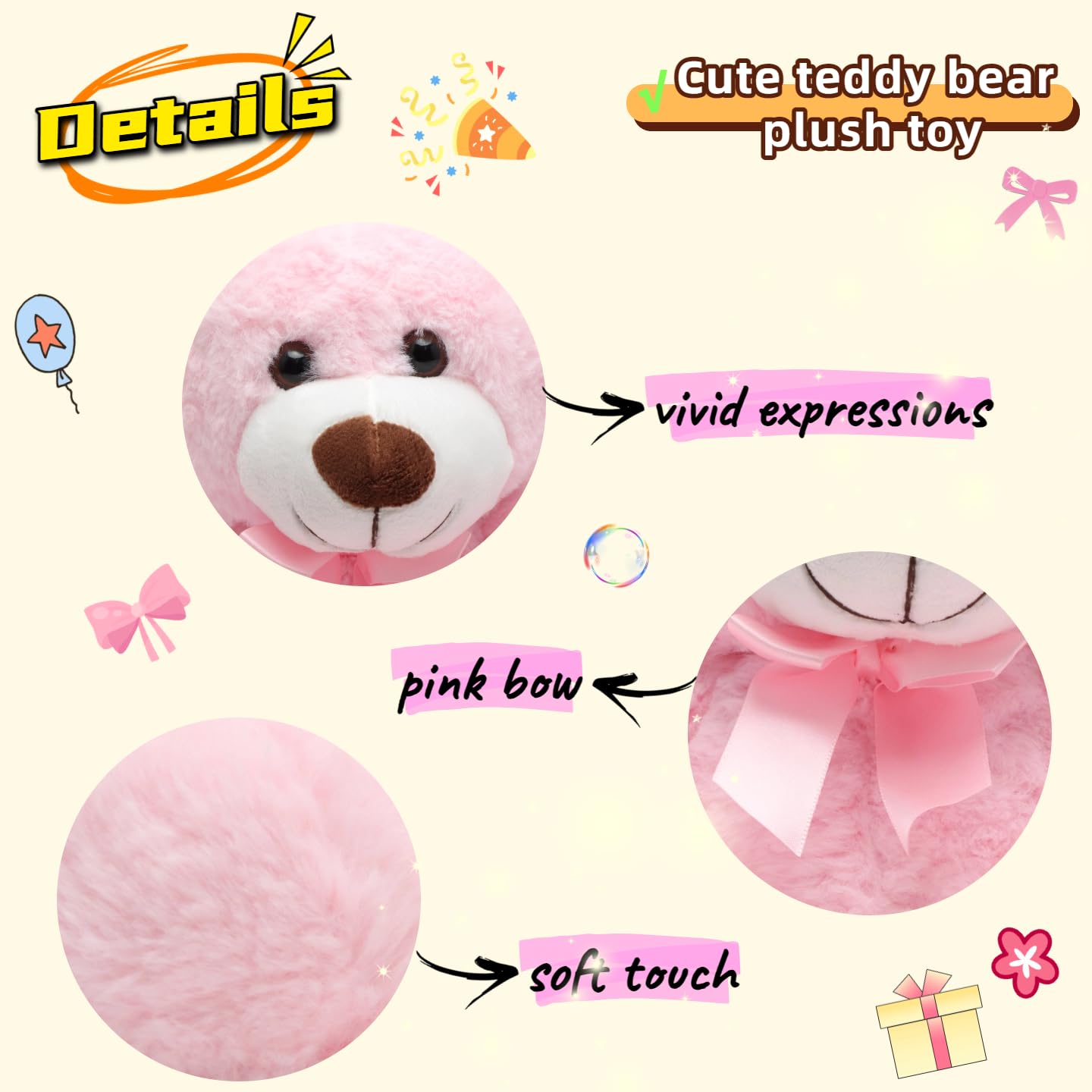 unsnurnoch 14" Pink Teddy Bear Plush Toy, Soft & Cuddly Teddy Bear Stuffed Animal with Cute Bow, for Girls, Girlfriends, Ideal for Valentine’s Day, Birthday, Christmas