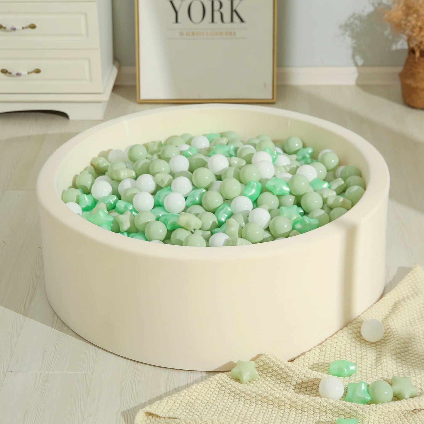 TRENDPLAY Star Ball Pit Balls for Toddlers - 100 Count Star Balls Different Shapes, Non-Toxic Plastic Balls for Boys Girls Festival Party Decoration, Pearl Green+Macaron Green