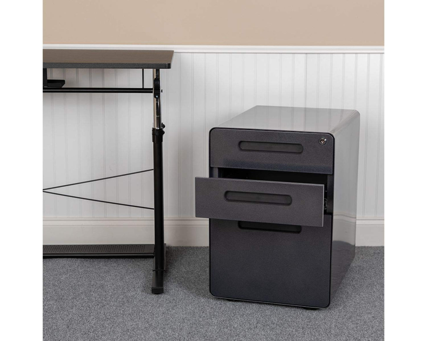Flash Furniture Wren Ergonomic 3-Drawer Mobile Locking Filing Cabinet with Anti-Tilt Mechanism and Hanging Drawer for Legal & Letter Files, Black