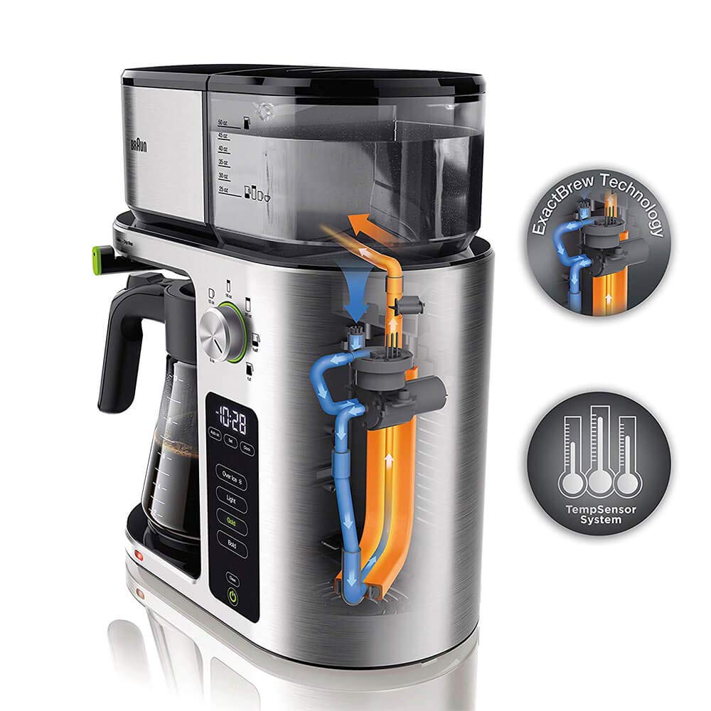 Braun MultiServe Coffee Machine 7 Programmable Brew Sizes / 3 Strengths + Iced Coffee & Hot Water for Tea, Glass Carafe (10-Cup), Stainless Steel, KF9170SI