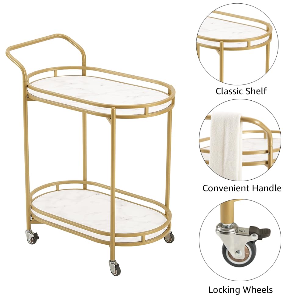 unipaws Bar Cart with Wheels, Easy Assembly Rolling Serving Bar Trolley with 2-Tier Shelves and Rotating Wheels for Home Kitchen Dining and Living Room (Gold & White)
