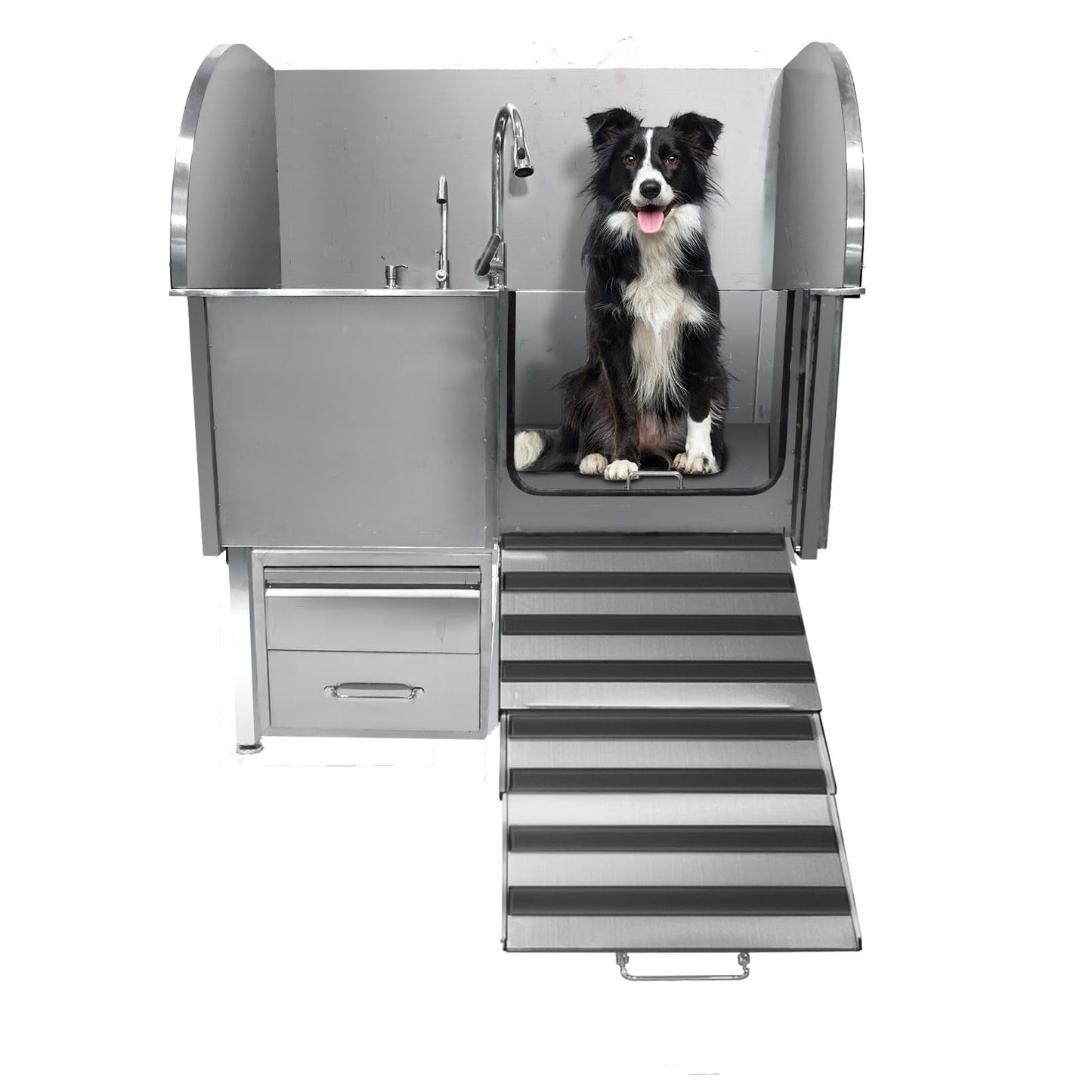Towallmark Professional Stainless Steel Dog Bathing Tub - Dog Grooming Tub w/Ramp, Moveable Storage Drawer, Floor Grate & Faucet/Dog Bathtub for Large, Medium & Small Pets (50", Right Ramp)