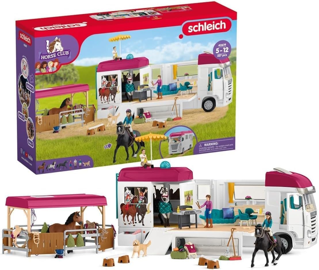 Schleich Horse Club - 227PC Lisa Transporter Playset – Horse Toy Trailer Set with Family, 3 Horses, Dog, Grooming Station & Rooftop Pool for Real Water Play – Realistic Toys for Kids Ages 5+ | 42619