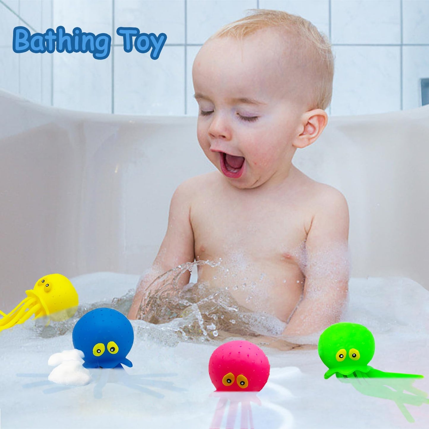 Octopus Water Balls, Pack of 4 Pool Floating Toys Baby Bath Toys Squishy Sensory Stress Relief Toys, Cute Goodie Bag Fillers for for Kids Boys and Girls, Pink, Blue, Green and Yellow