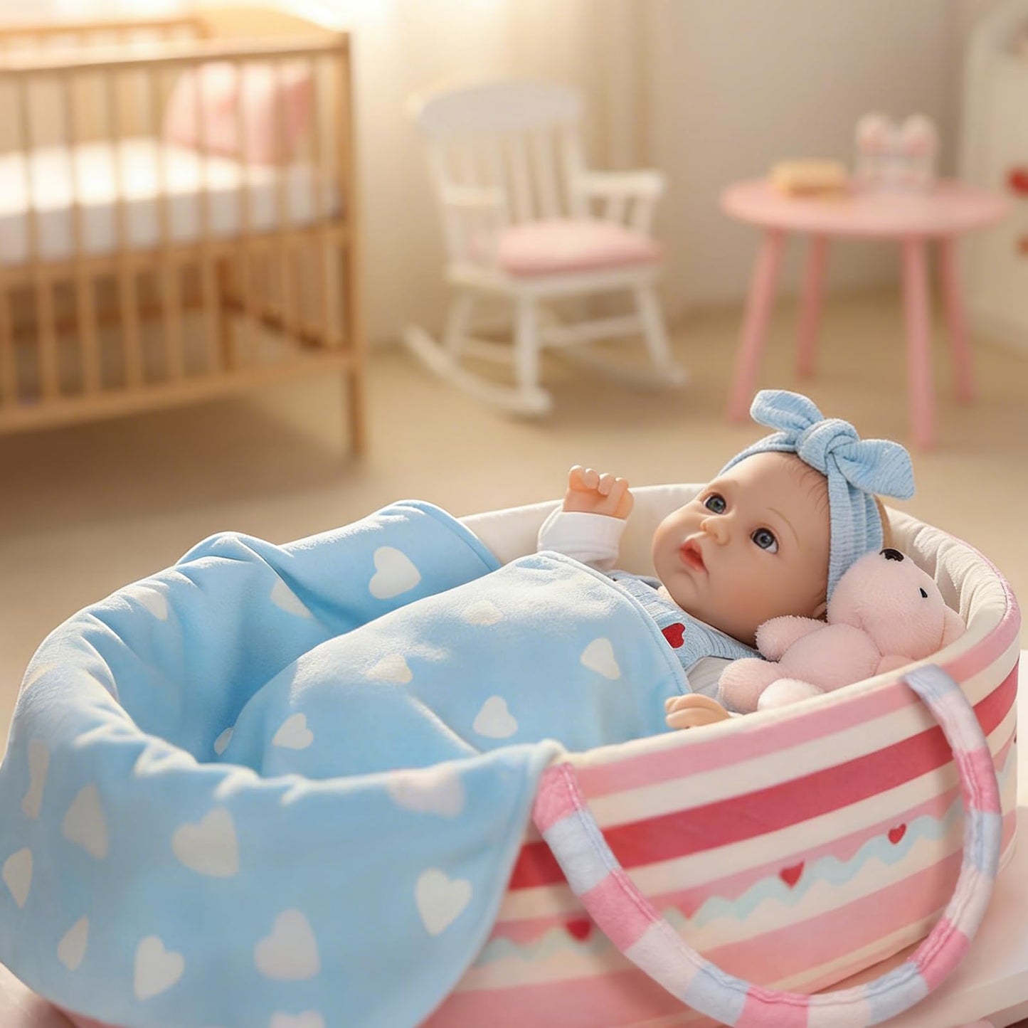 Uzoxlsn 12’’ Baby Doll with Cotton Carrier Bassinet, 15 Pcs Baby Doll Accessories Bedding, Feeding and Caring Set Magic Bottle Pacifier Diaper Blanket Pretend Play Game Gift for Girls Age 3+ Toddler