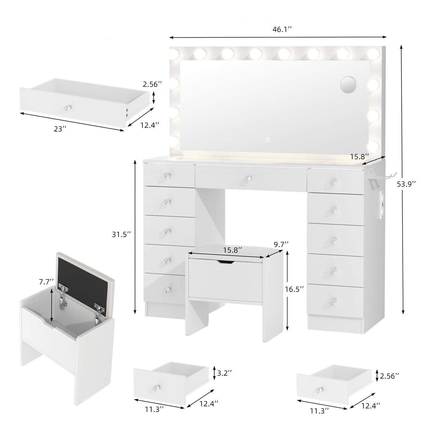 VOWNER Vanity with Lighted Mirror - Makeup Vanity Desk with Glass Top and 11 Drawers, 3 Color Lighting Modes Adjustable Brightness, 46" Vanity Table with Soft Cushioned Stool for Bedroom, White