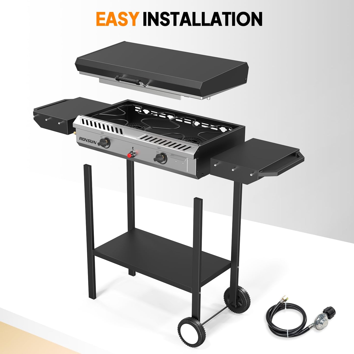 ROVSUN 2 Burner Outdoor Propane Gas Stove with Griddle, Auto-ignition, Regulator & Side Shelves, 150,000 BTU Powerful Stand Cooker for Backyard Cooking Home Brewing Canning Frying Grilling