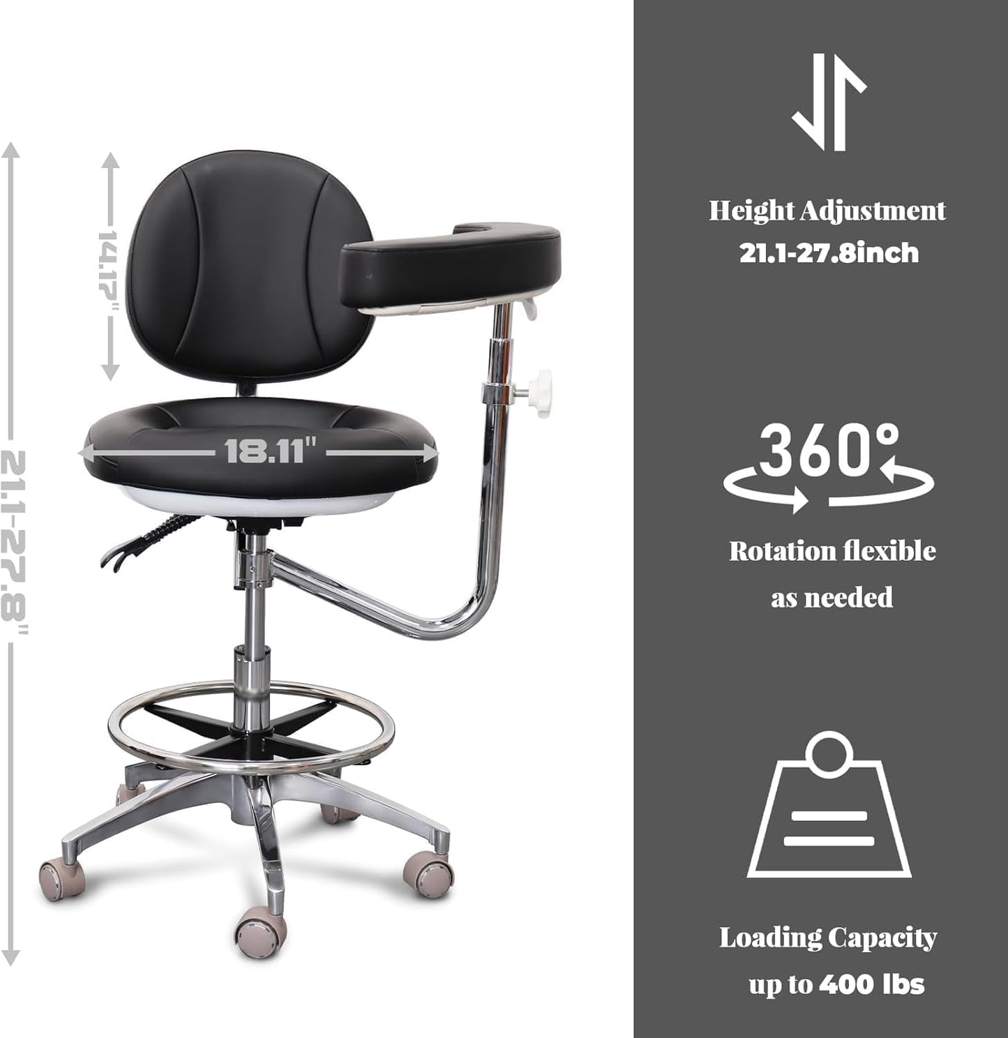 Medical Dental Assistant Chair with Rotatable Armrest Rolling Medical Chair Ergonomic Swivel Seating Back Support Dentist Stool for Clinics, Dental Offices, Labs-Black