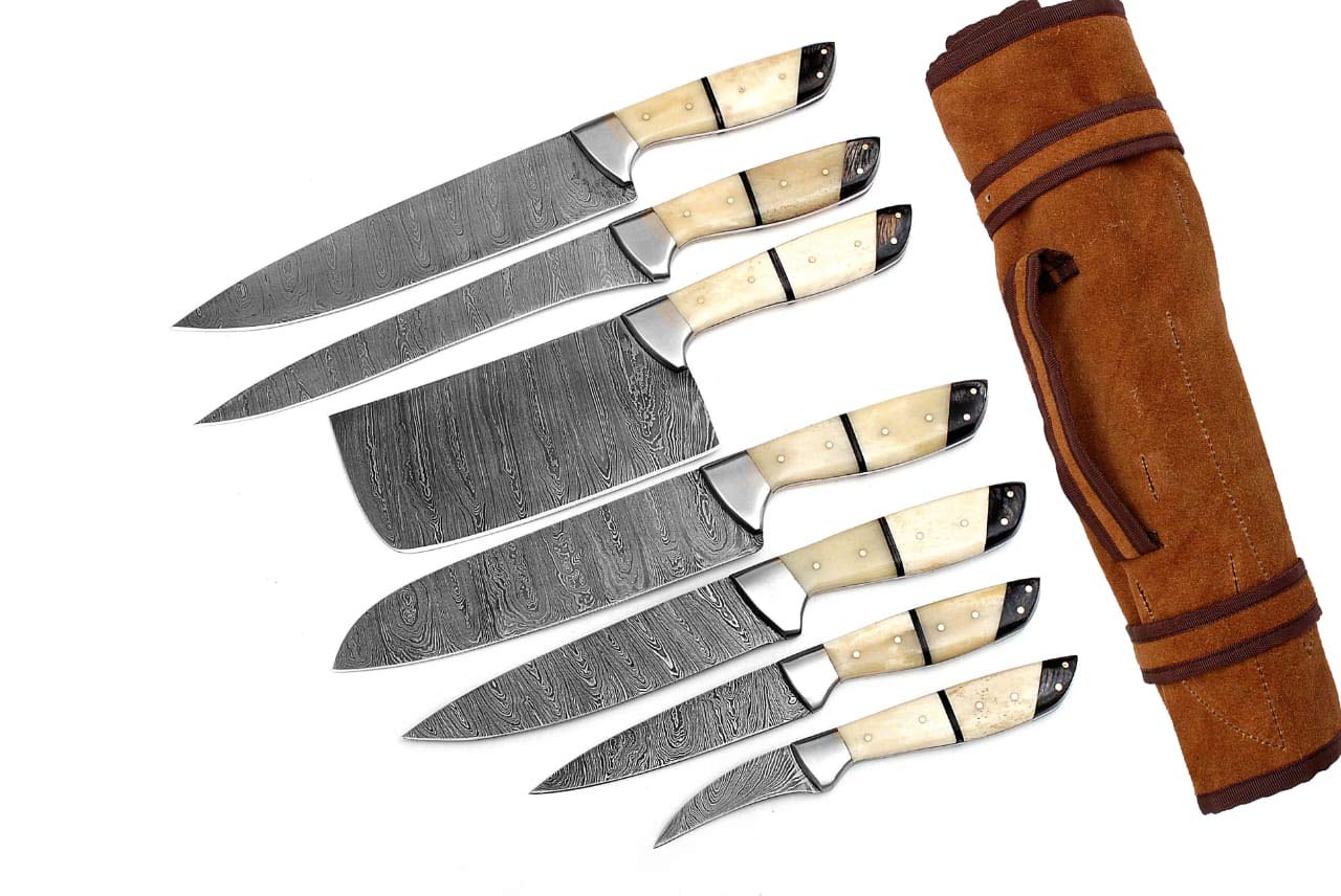 GladiatorsGuild G26- Professional Kitchen Knives Custom Made Damascus Steel 7 pcs of Professional Utility Chef Kitchen Knife Set with Chopper/Cleaver White & Black